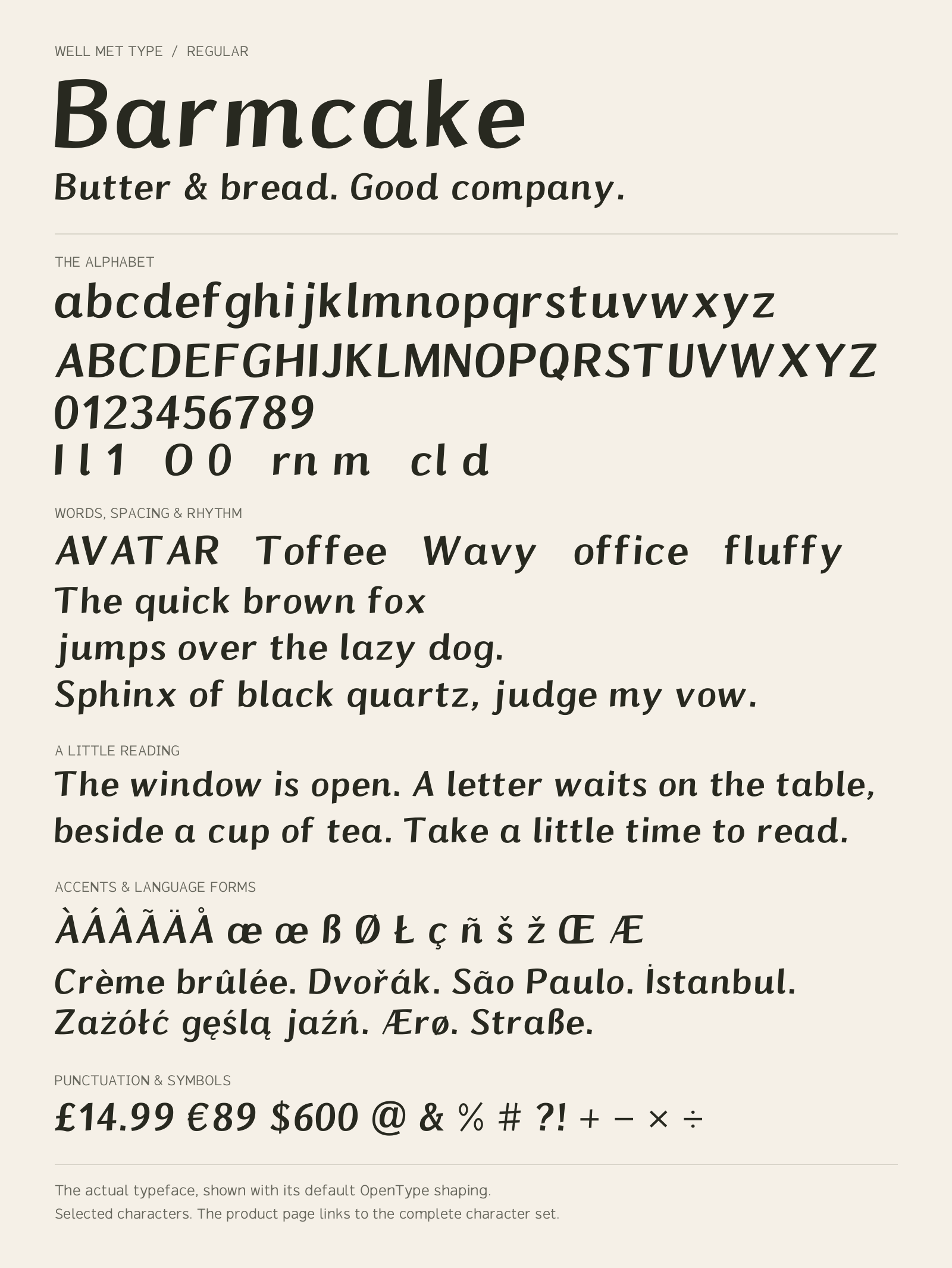 Barmcake Regular alphabet sheet: uppercase, lowercase, numbers, sample words, accents and symbols.