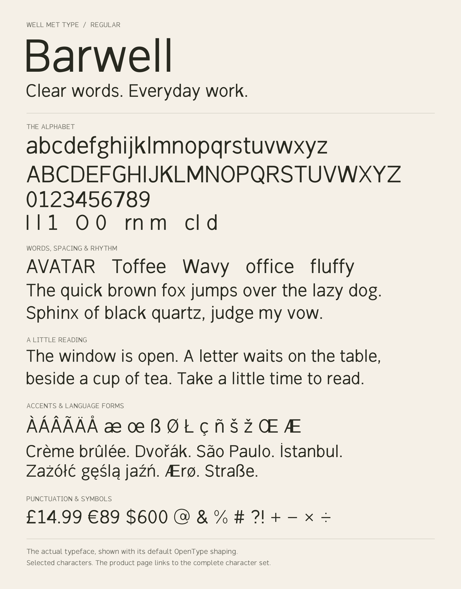Barwell Regular alphabet sheet: uppercase, lowercase, numbers, sample words, accents and symbols.