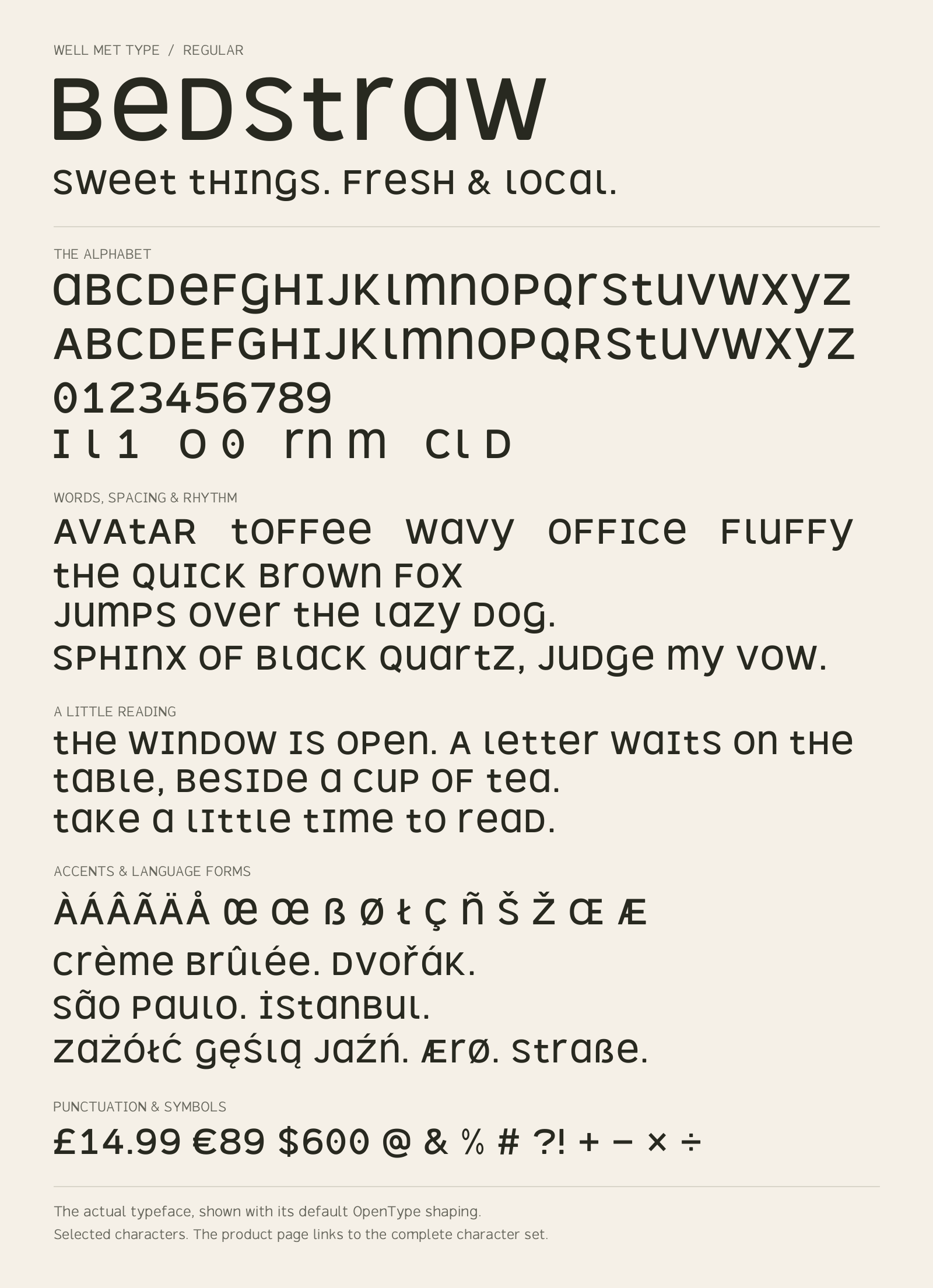 Bedstraw Regular alphabet sheet: uppercase, lowercase, numbers, sample words, accents and symbols.