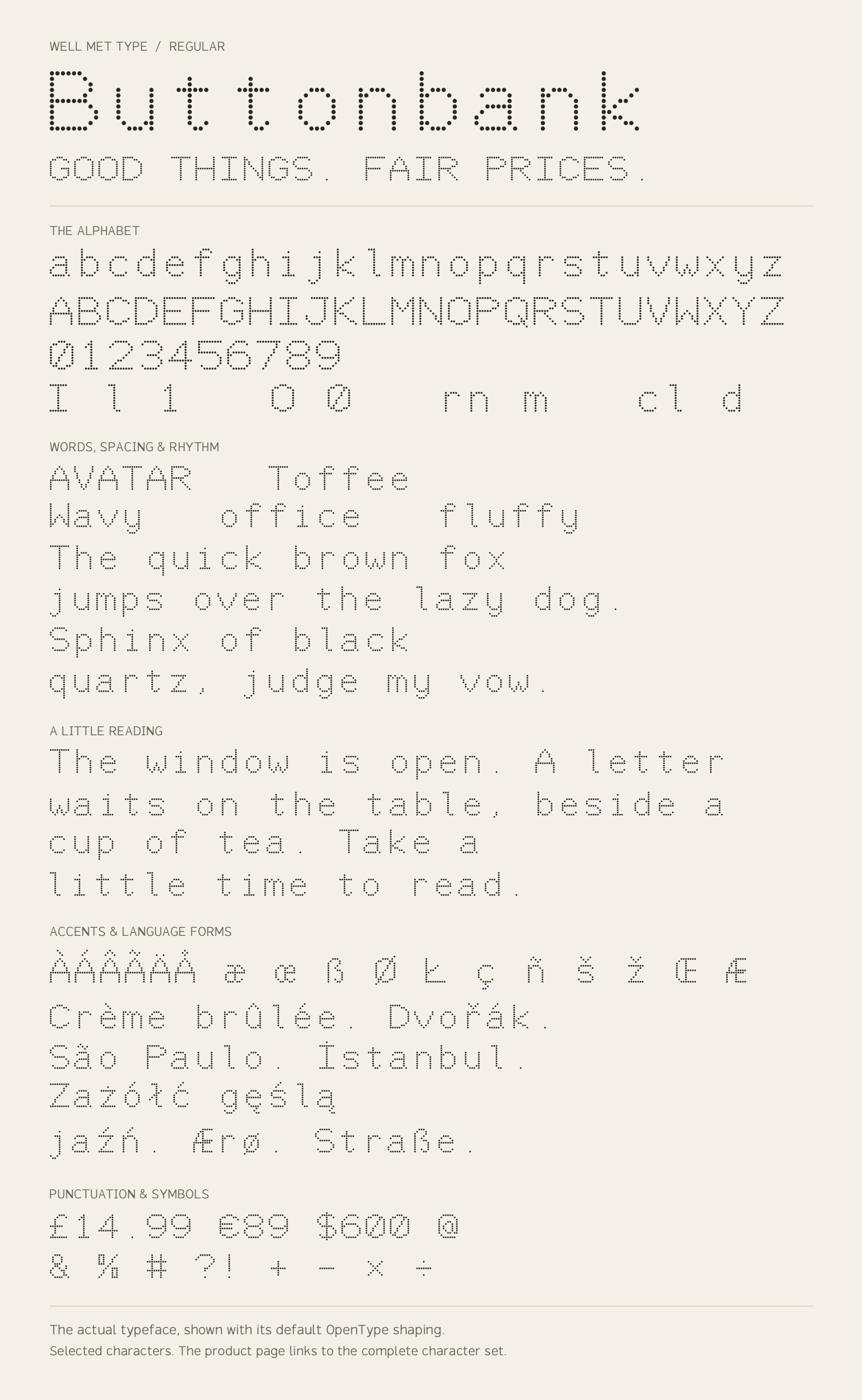 Buttonbank Regular alphabet sheet: uppercase, lowercase, numbers, sample words, accents and symbols.