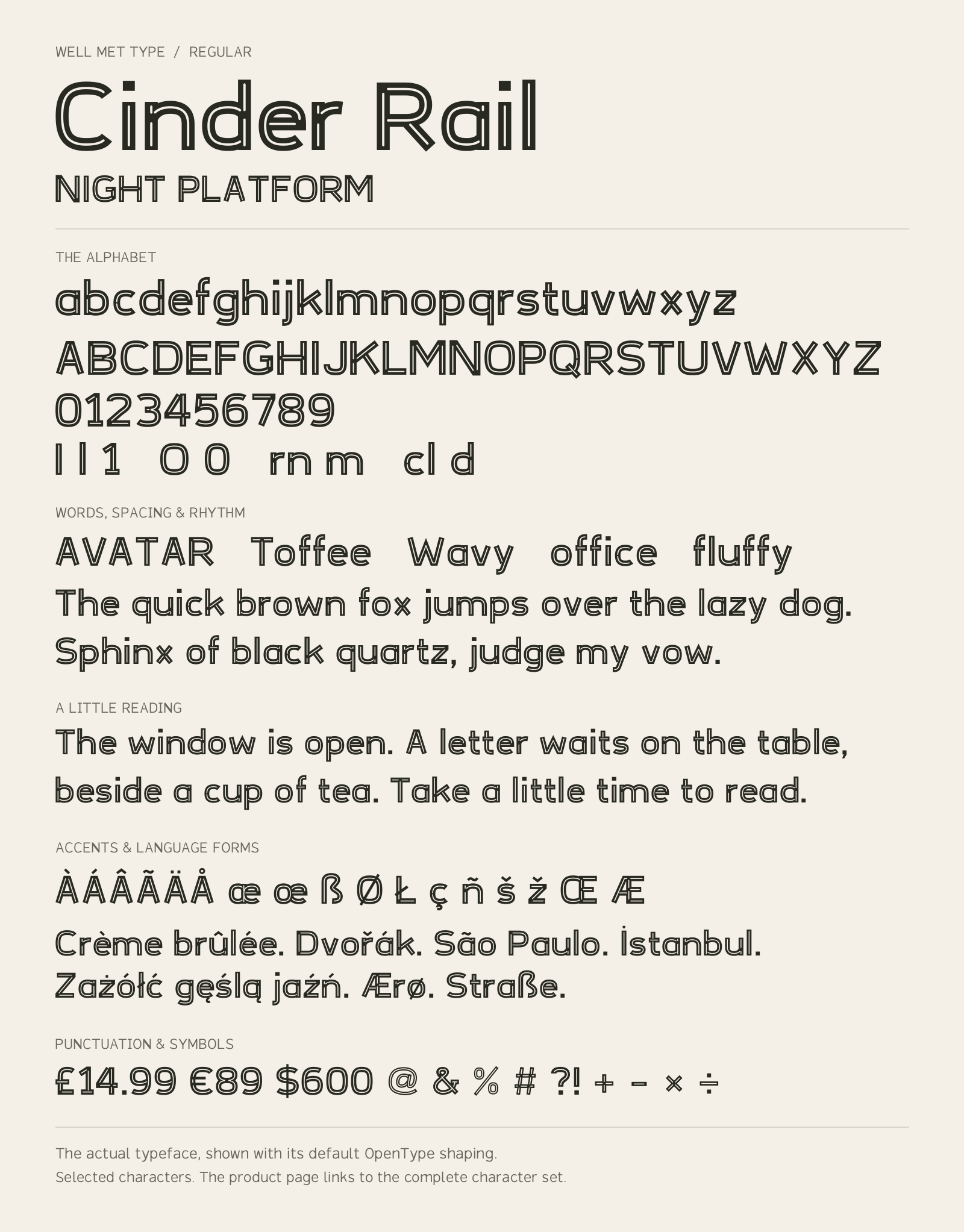 Cinder Rail Regular alphabet sheet: uppercase, lowercase, numbers, sample words, accents and symbols.