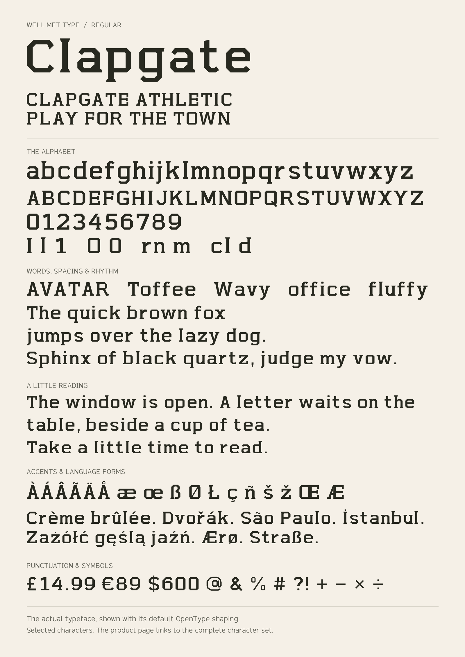 Clapgate Regular alphabet sheet: uppercase, lowercase, numbers, sample words, accents and symbols.