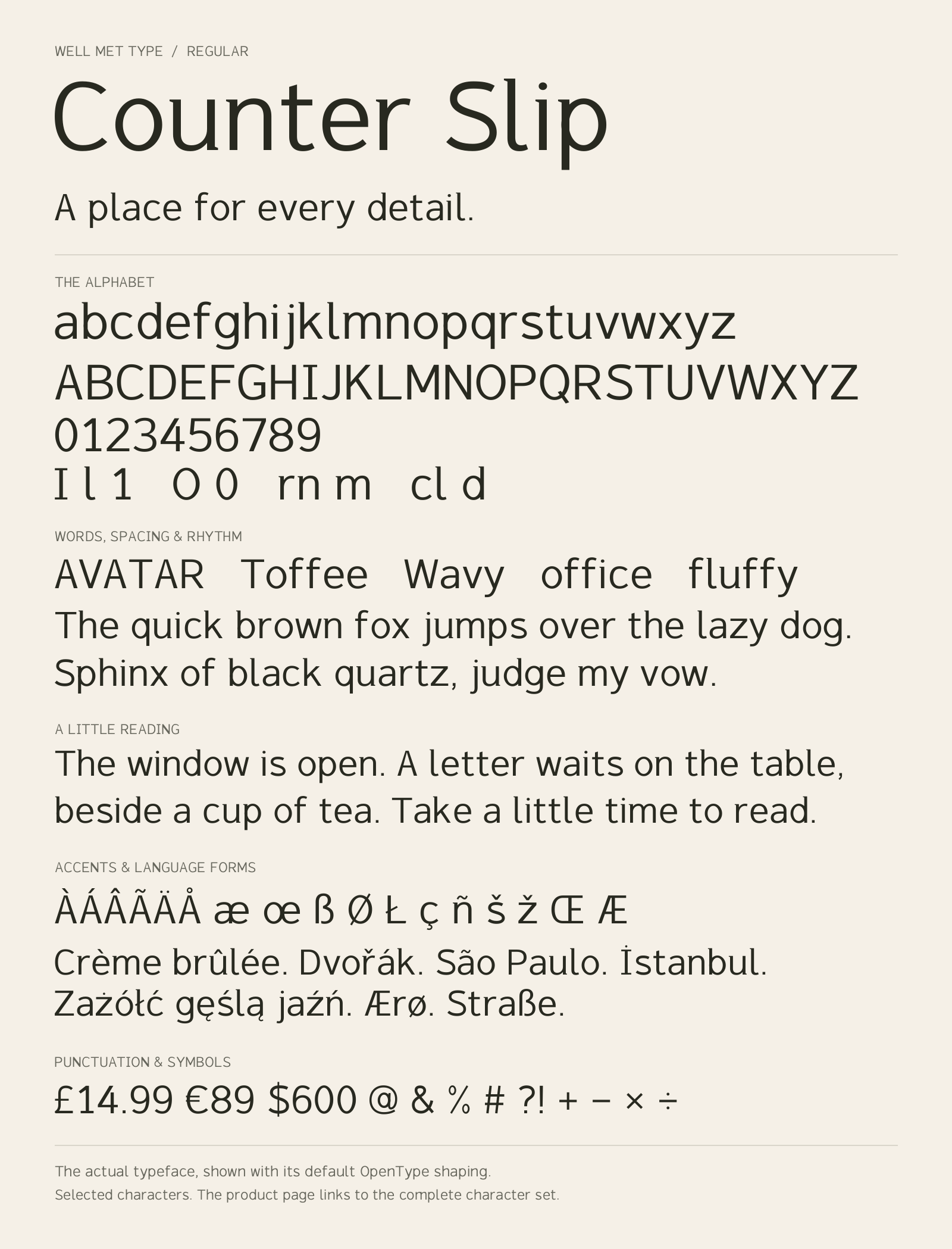 Counter Slip Regular alphabet sheet: uppercase, lowercase, numbers, sample words, accents and symbols.