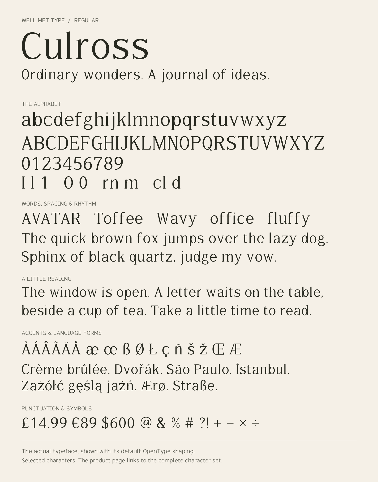 Culross Regular alphabet sheet: uppercase, lowercase, numbers, sample words, accents and symbols.