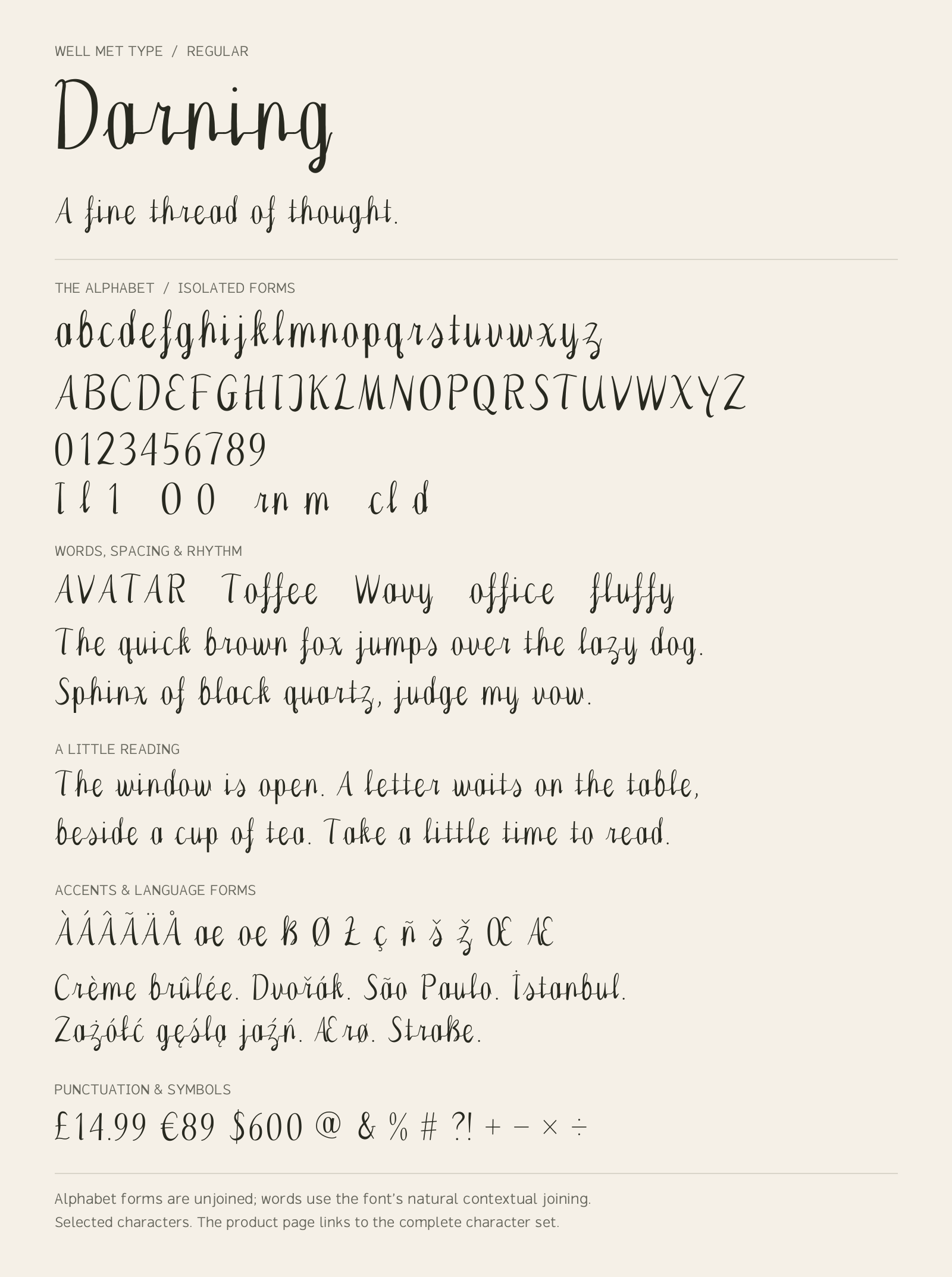 Darning Regular alphabet sheet: uppercase, lowercase, numbers, sample words, accents and symbols.