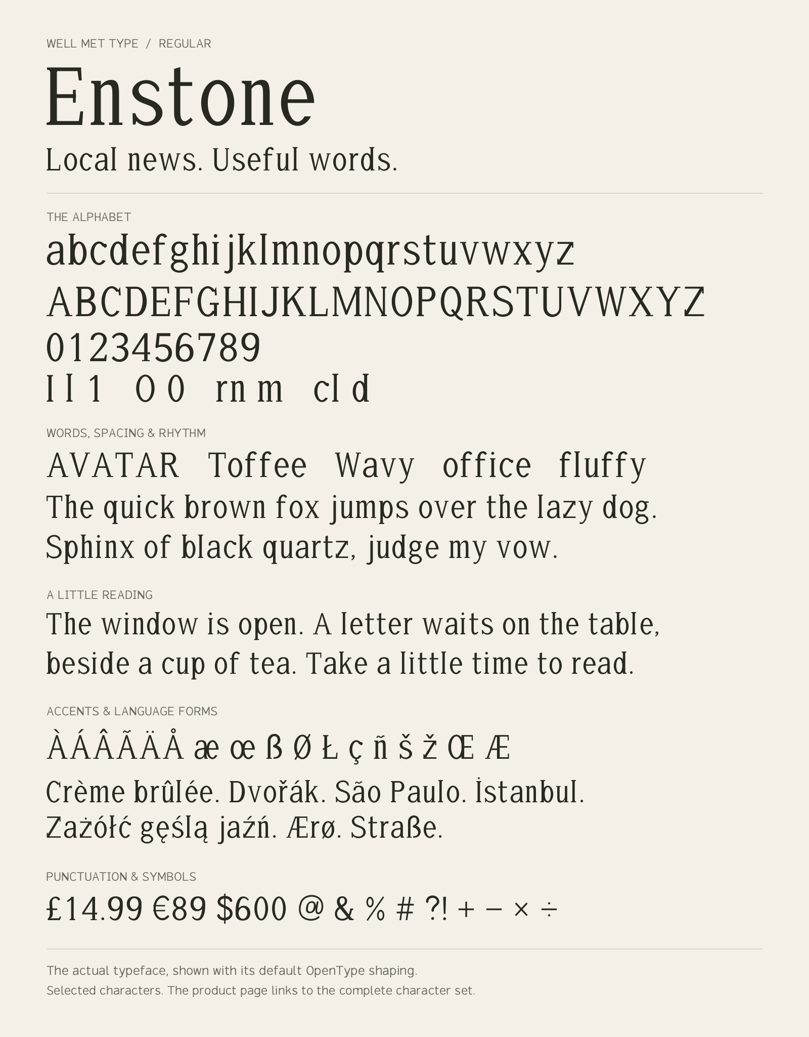 Enstone Regular alphabet sheet: uppercase, lowercase, numbers, sample words, accents and symbols.