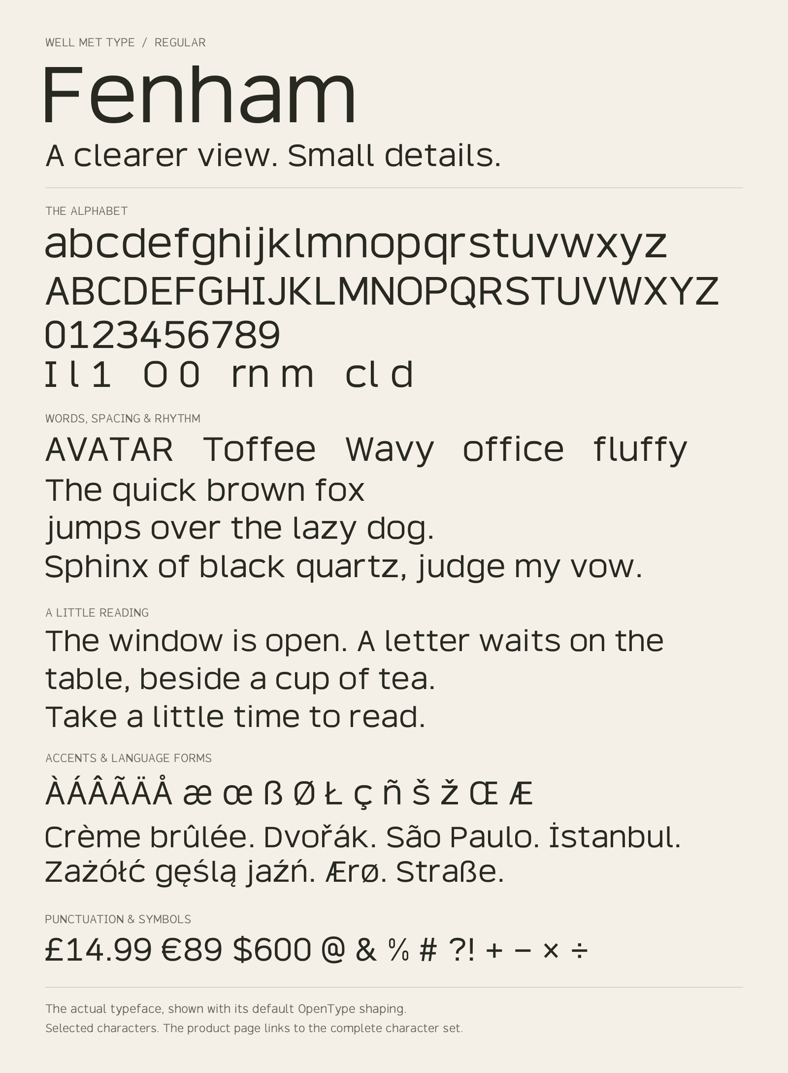 Fenham Regular alphabet sheet: uppercase, lowercase, numbers, sample words, accents and symbols.