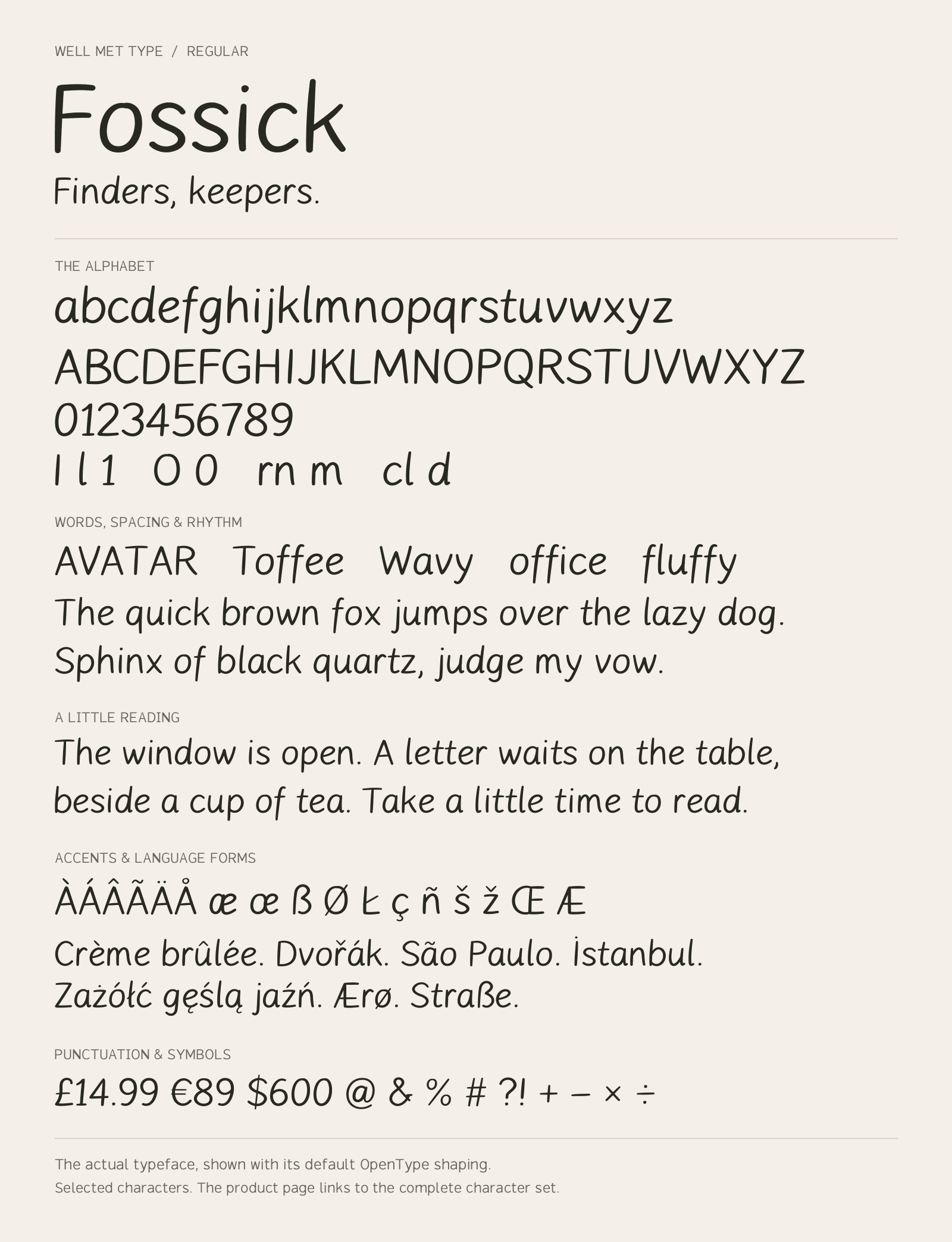 Fossick Regular alphabet sheet: uppercase, lowercase, numbers, sample words, accents and symbols.