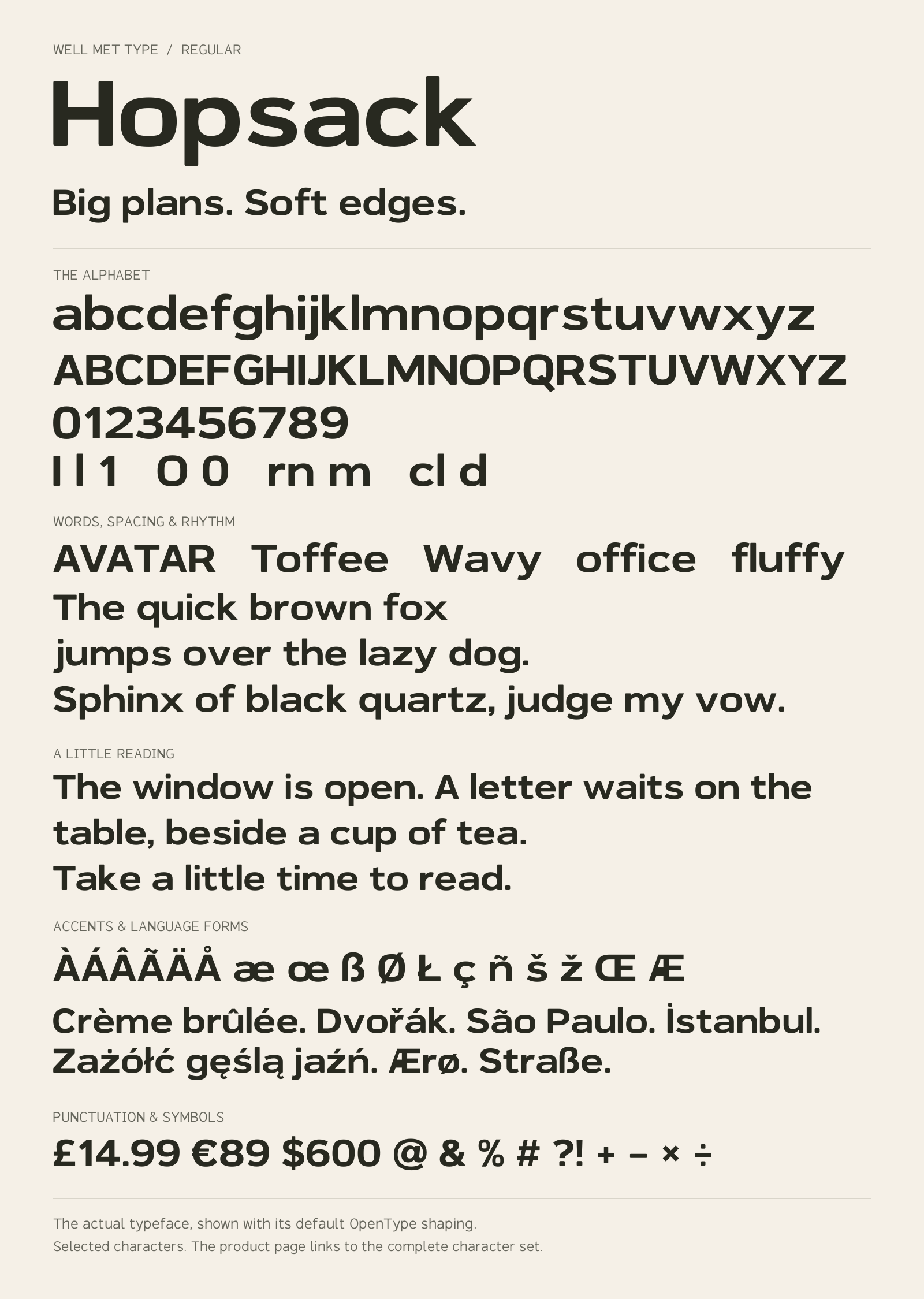 Hopsack Regular alphabet sheet: uppercase, lowercase, numbers, sample words, accents and symbols.