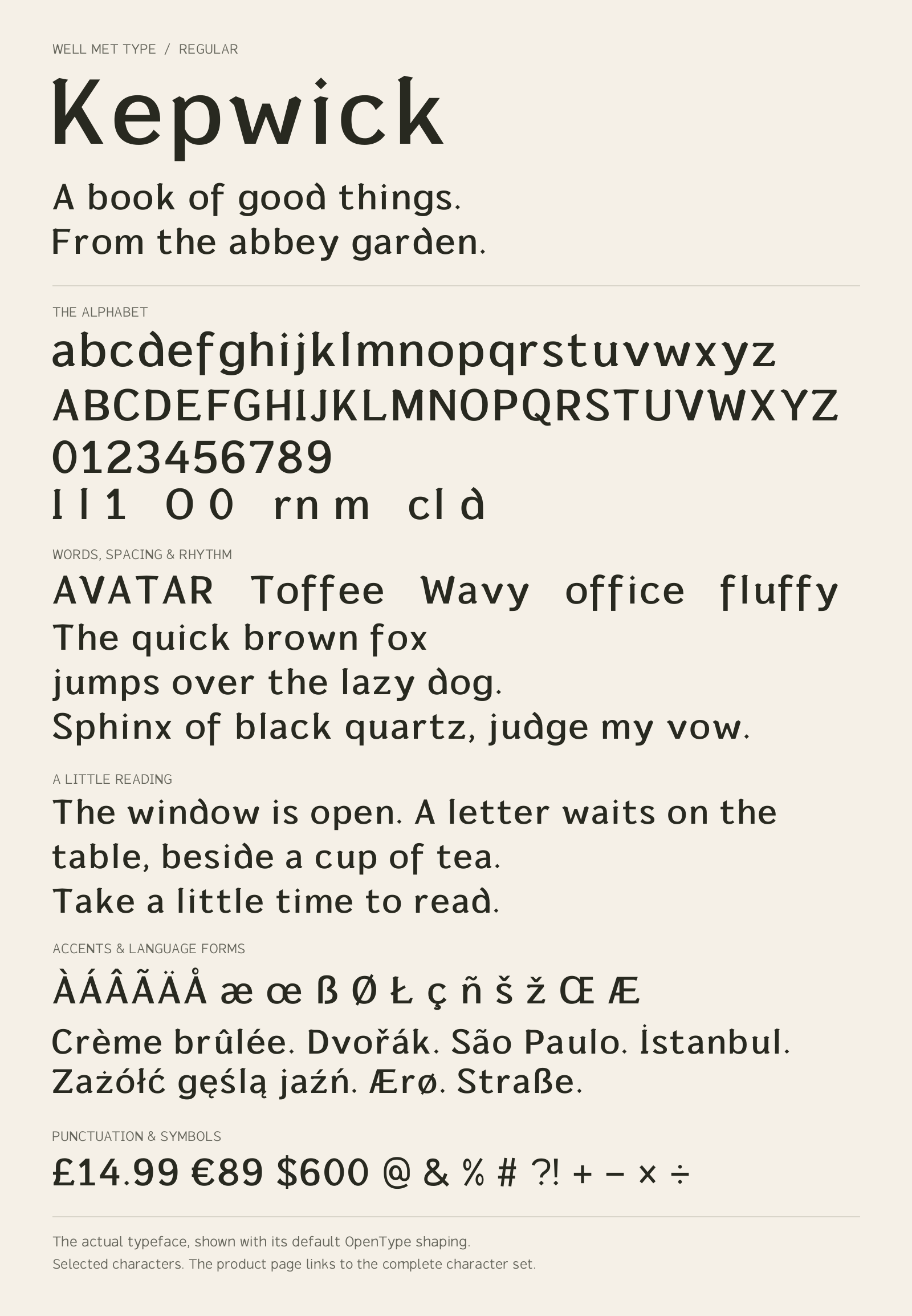 Kepwick Regular alphabet sheet: uppercase, lowercase, numbers, sample words, accents and symbols.