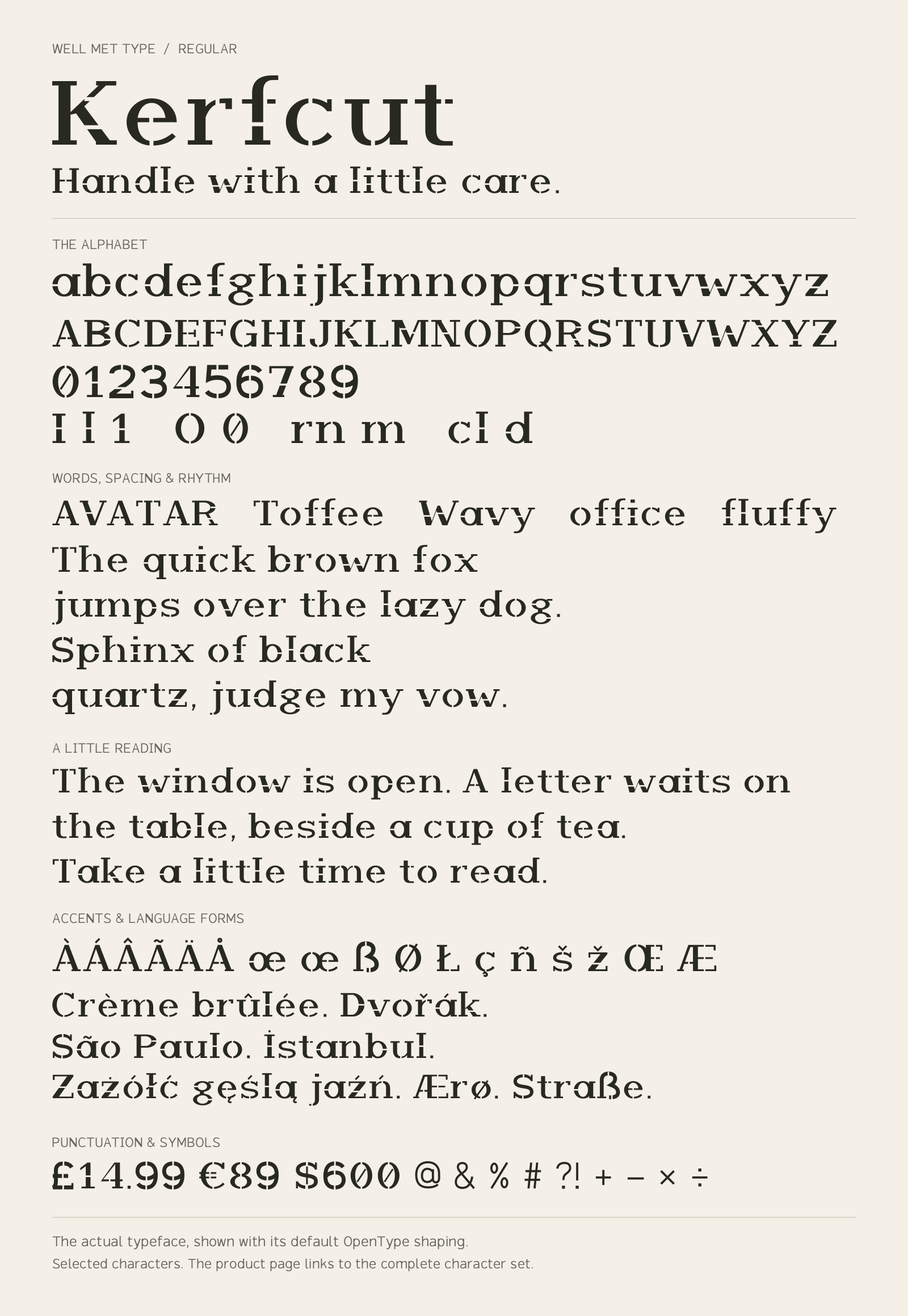 Kerfcut Regular alphabet sheet: uppercase, lowercase, numbers, sample words, accents and symbols.