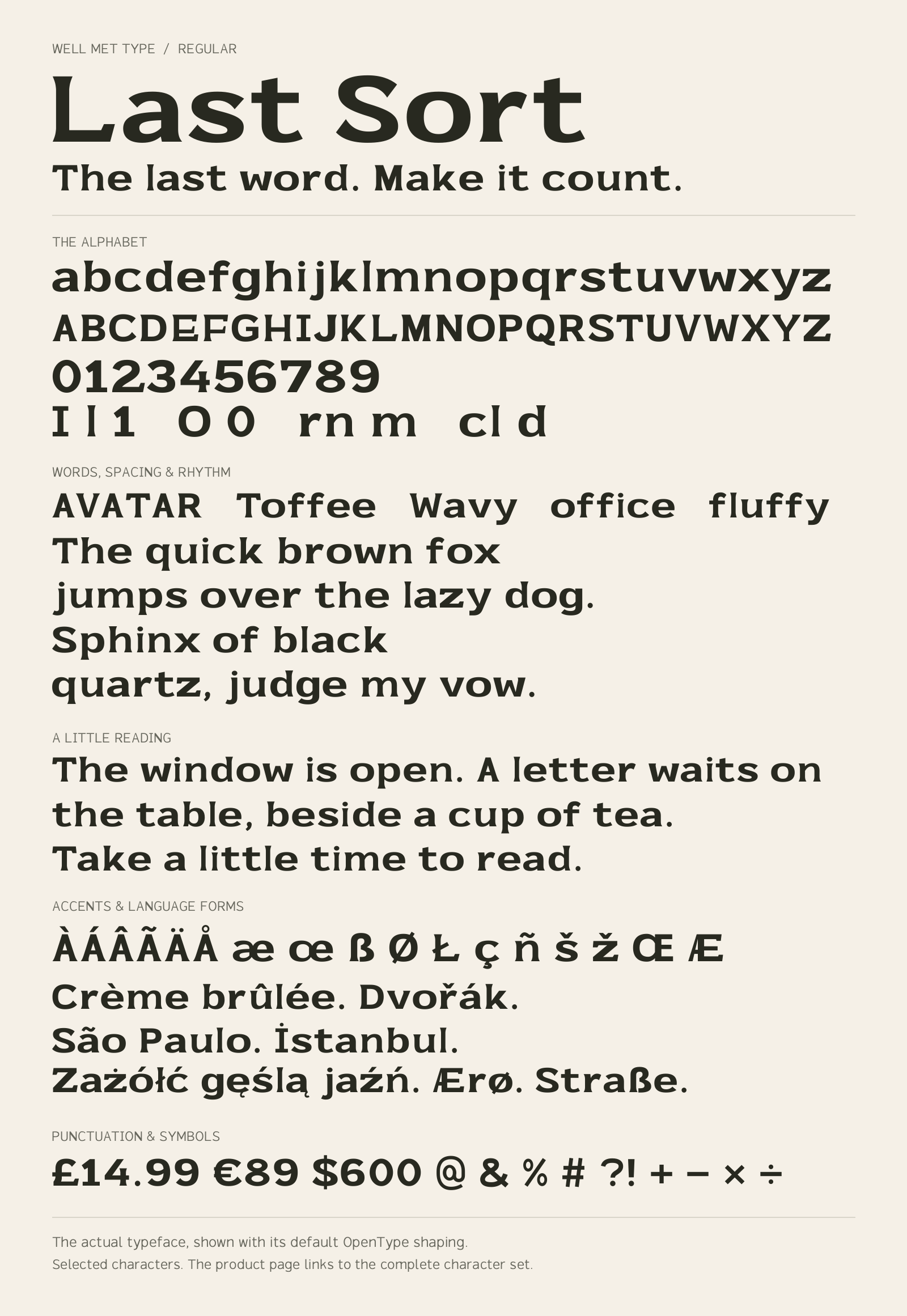 Last Sort Regular alphabet sheet: uppercase, lowercase, numbers, sample words, accents and symbols.
