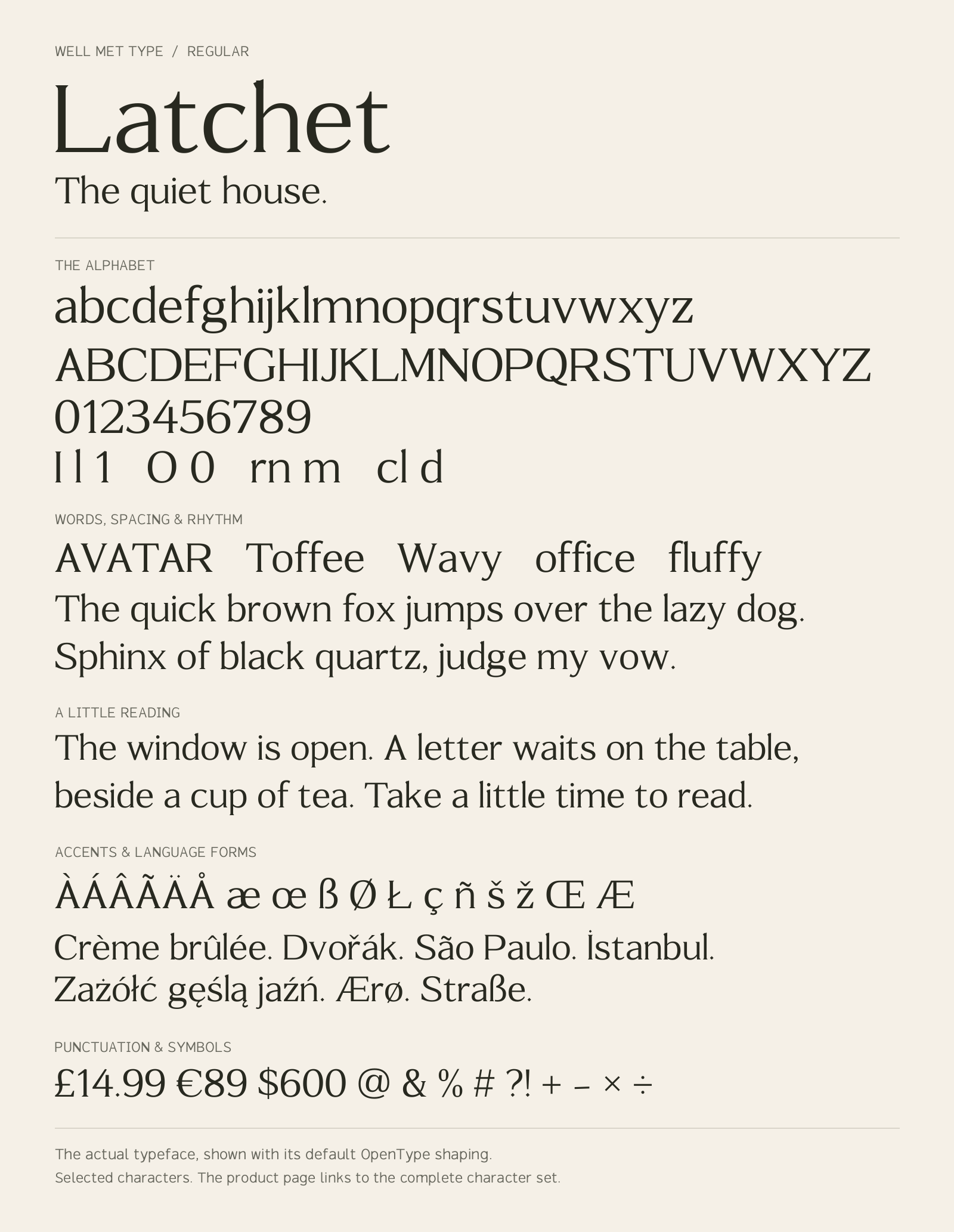 Latchet Regular alphabet sheet: uppercase, lowercase, numbers, sample words, accents and symbols.