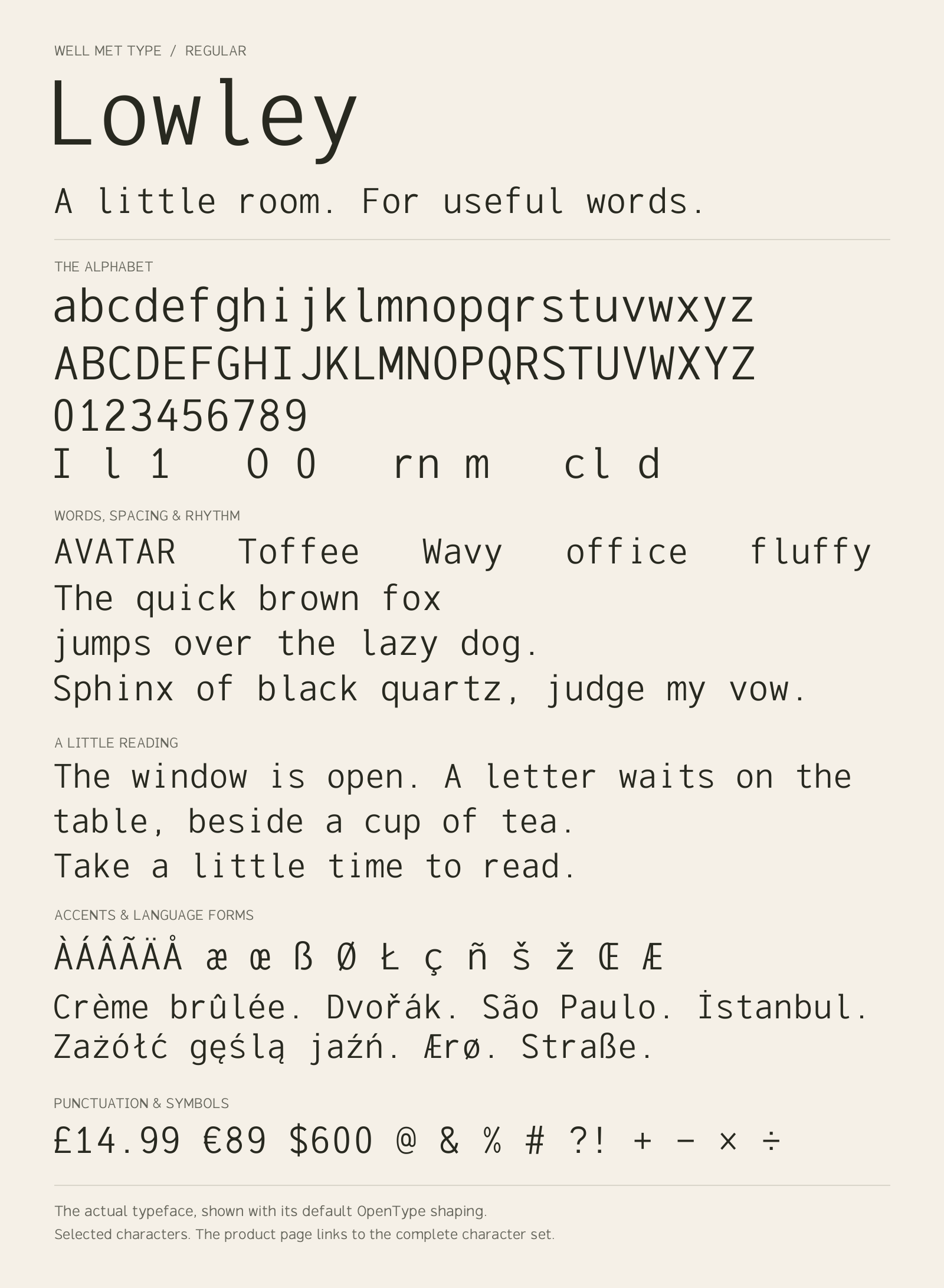 Lowley Regular alphabet sheet: uppercase, lowercase, numbers, sample words, accents and symbols.