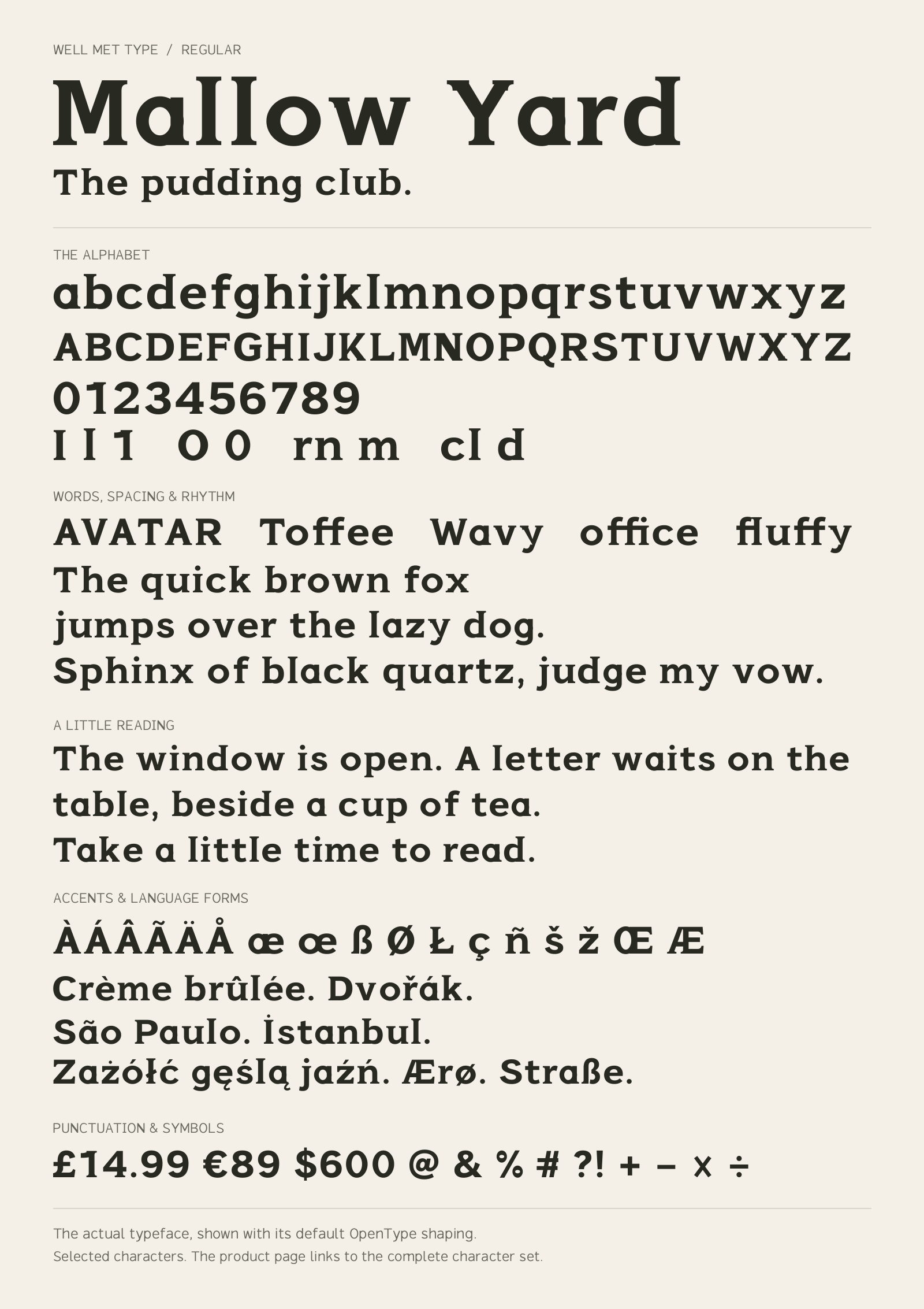 Mallow Yard Regular alphabet sheet: uppercase, lowercase, numbers, sample words, accents and symbols.