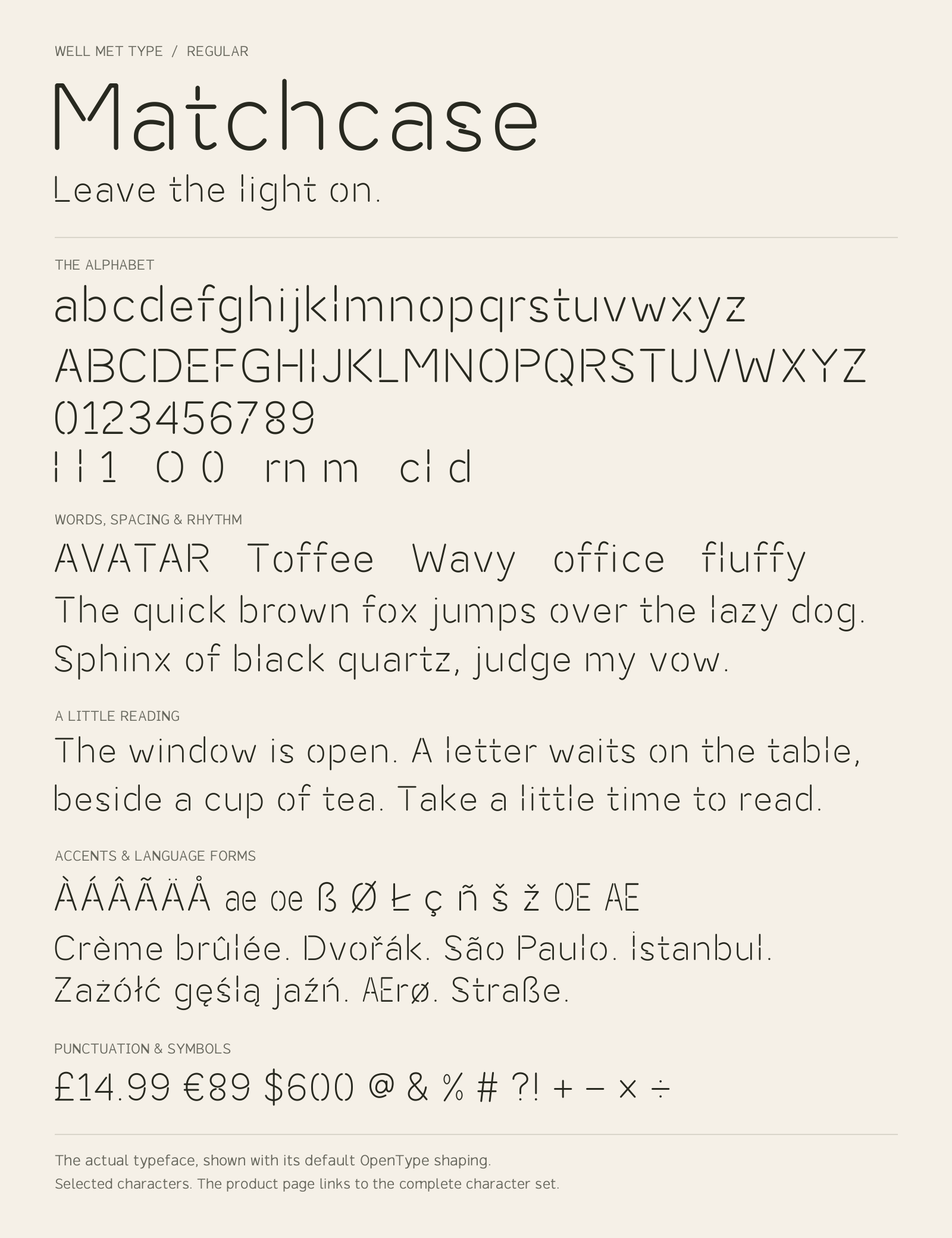 Matchcase Regular alphabet sheet: uppercase, lowercase, numbers, sample words, accents and symbols.