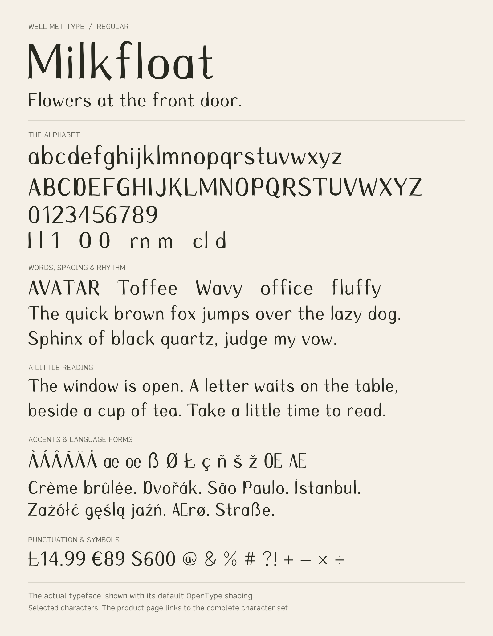 Milkfloat Regular alphabet sheet: uppercase, lowercase, numbers, sample words, accents and symbols.