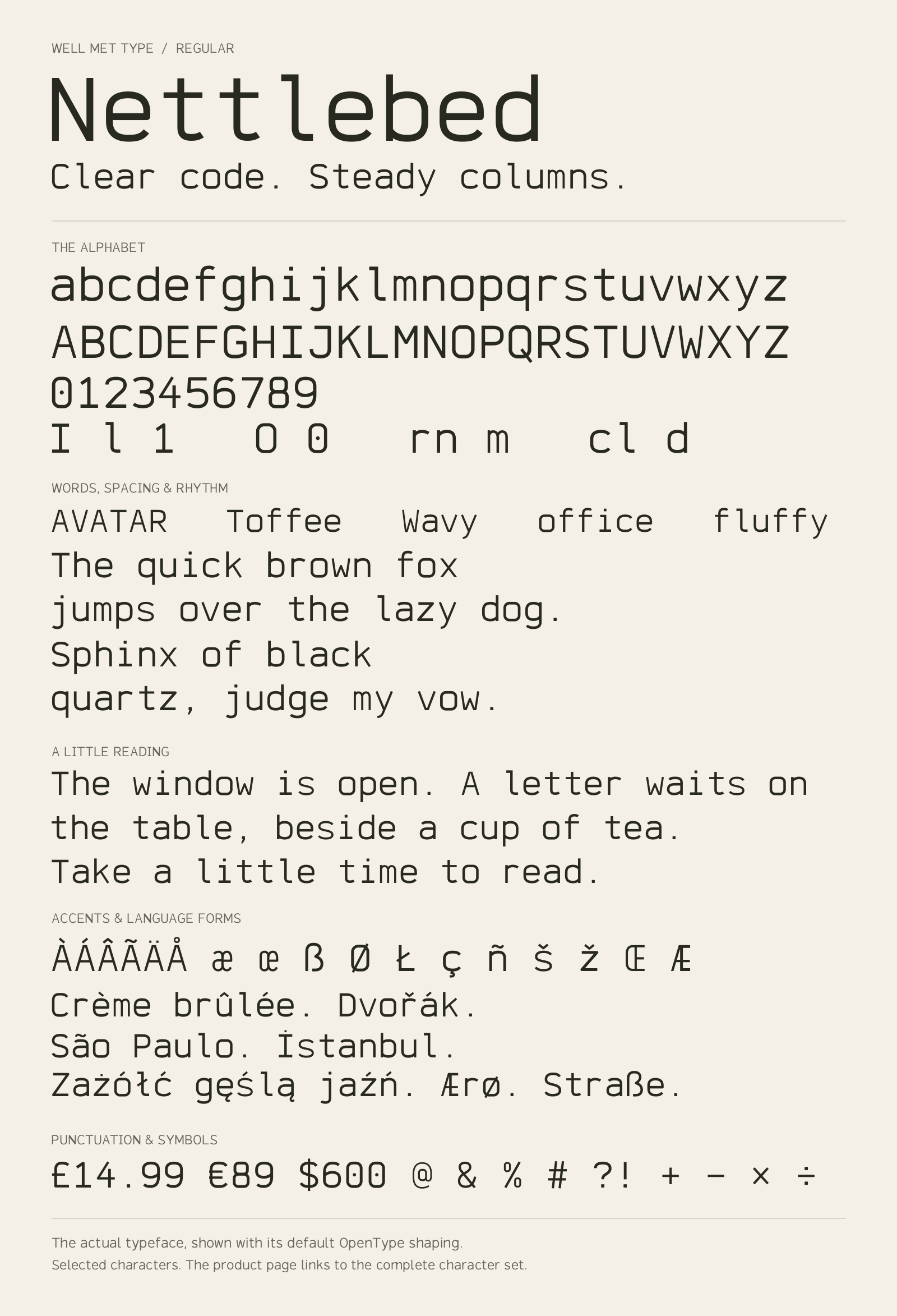 Nettlebed Regular alphabet sheet: uppercase, lowercase, numbers, sample words, accents and symbols.