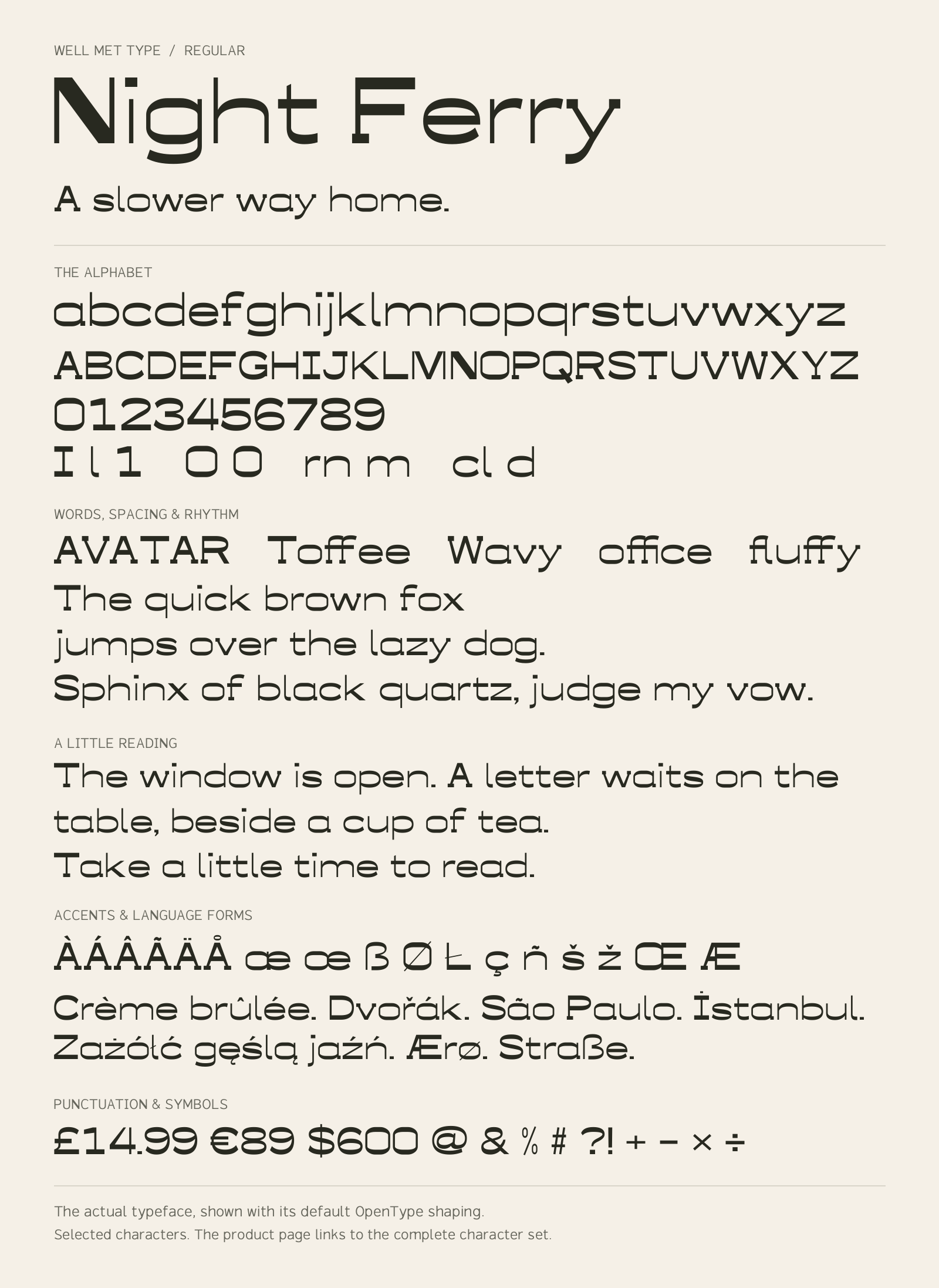 Night Ferry Regular alphabet sheet: uppercase, lowercase, numbers, sample words, accents and symbols.