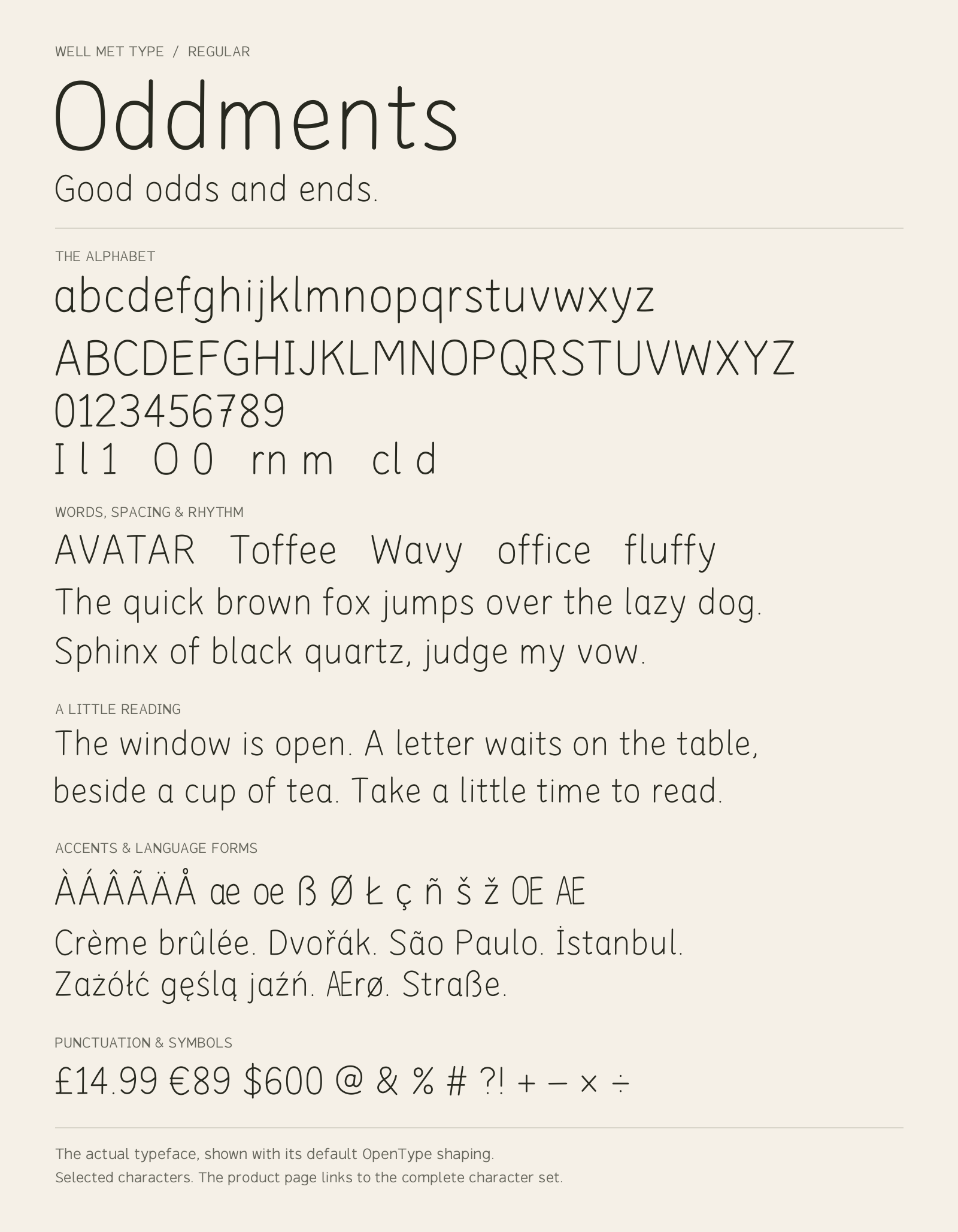 Oddments Regular alphabet sheet: uppercase, lowercase, numbers, sample words, accents and symbols.