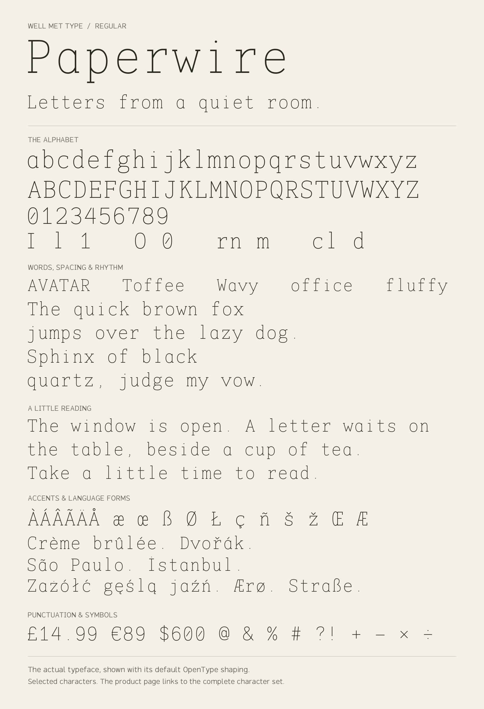 Paperwire Regular alphabet sheet: uppercase, lowercase, numbers, sample words, accents and symbols.