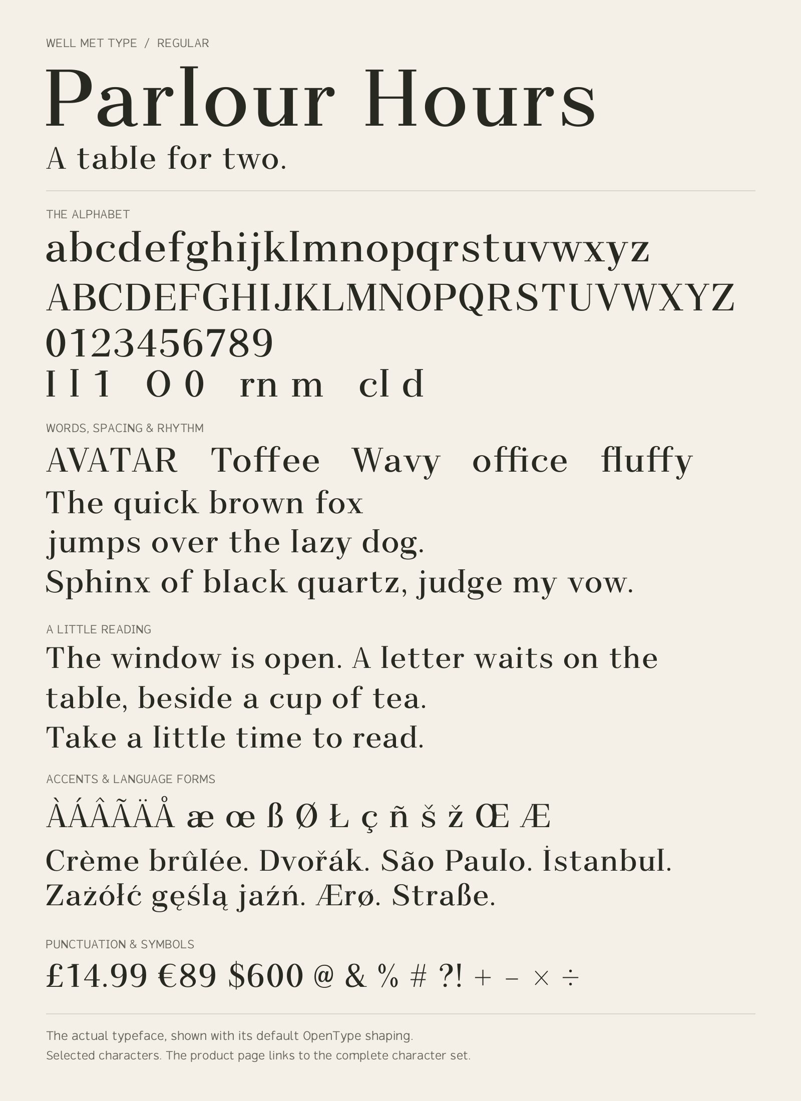 Parlour Hours Regular alphabet sheet: uppercase, lowercase, numbers, sample words, accents and symbols.