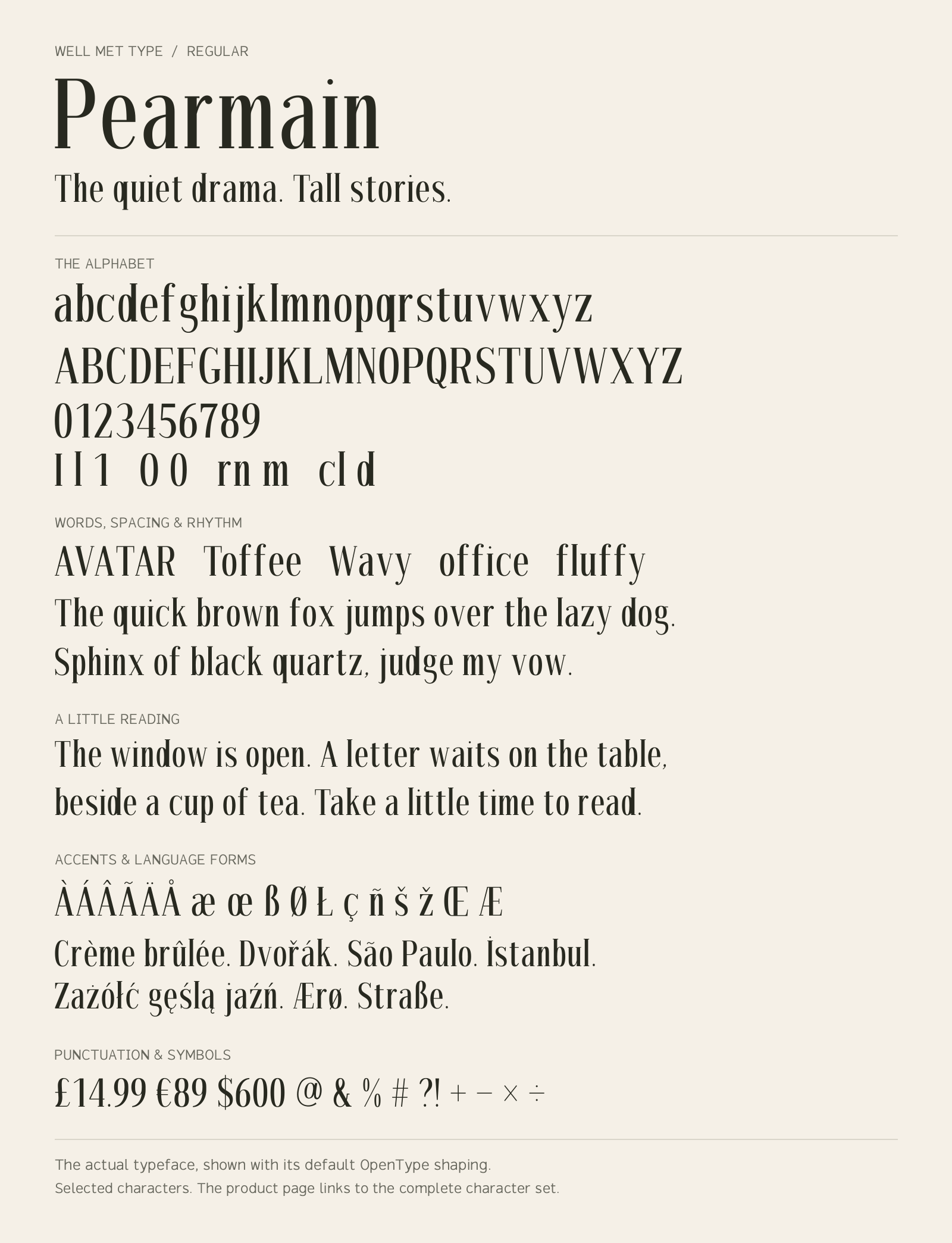 Pearmain Regular alphabet sheet: uppercase, lowercase, numbers, sample words, accents and symbols.