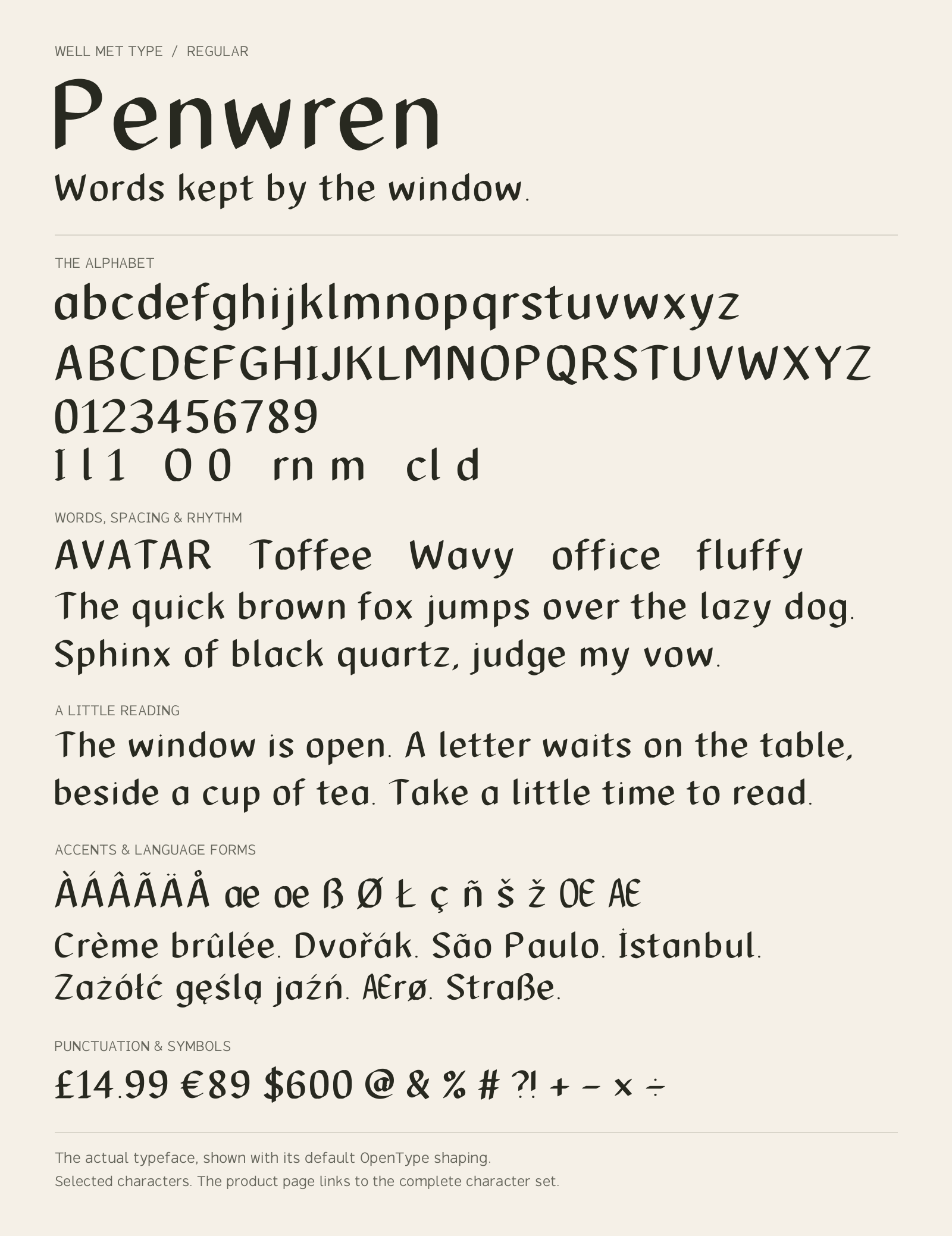 Penwren Regular alphabet sheet: uppercase, lowercase, numbers, sample words, accents and symbols.