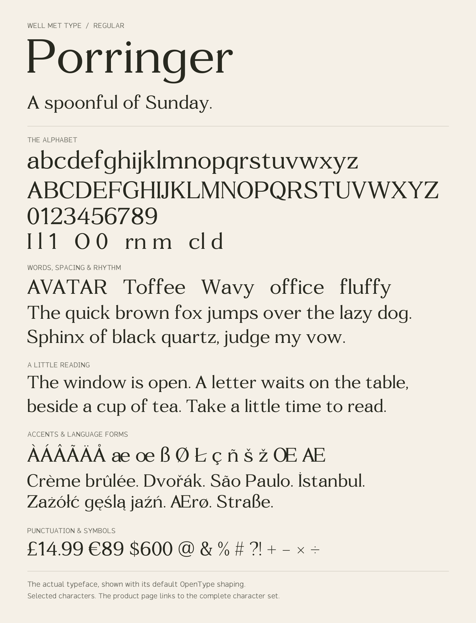 Porringer Regular alphabet sheet: uppercase, lowercase, numbers, sample words, accents and symbols.