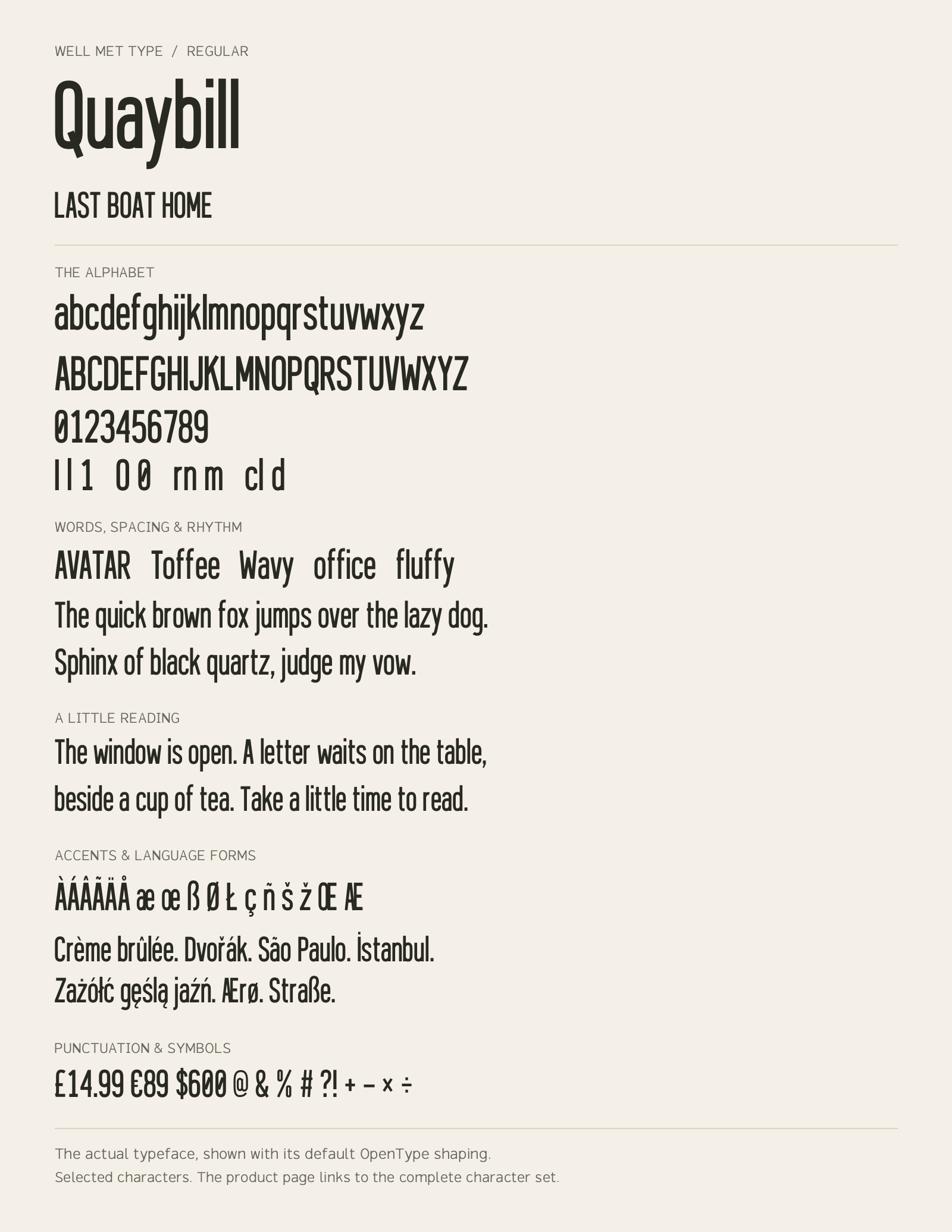 Quaybill Regular alphabet sheet: uppercase, lowercase, numbers, sample words, accents and symbols.