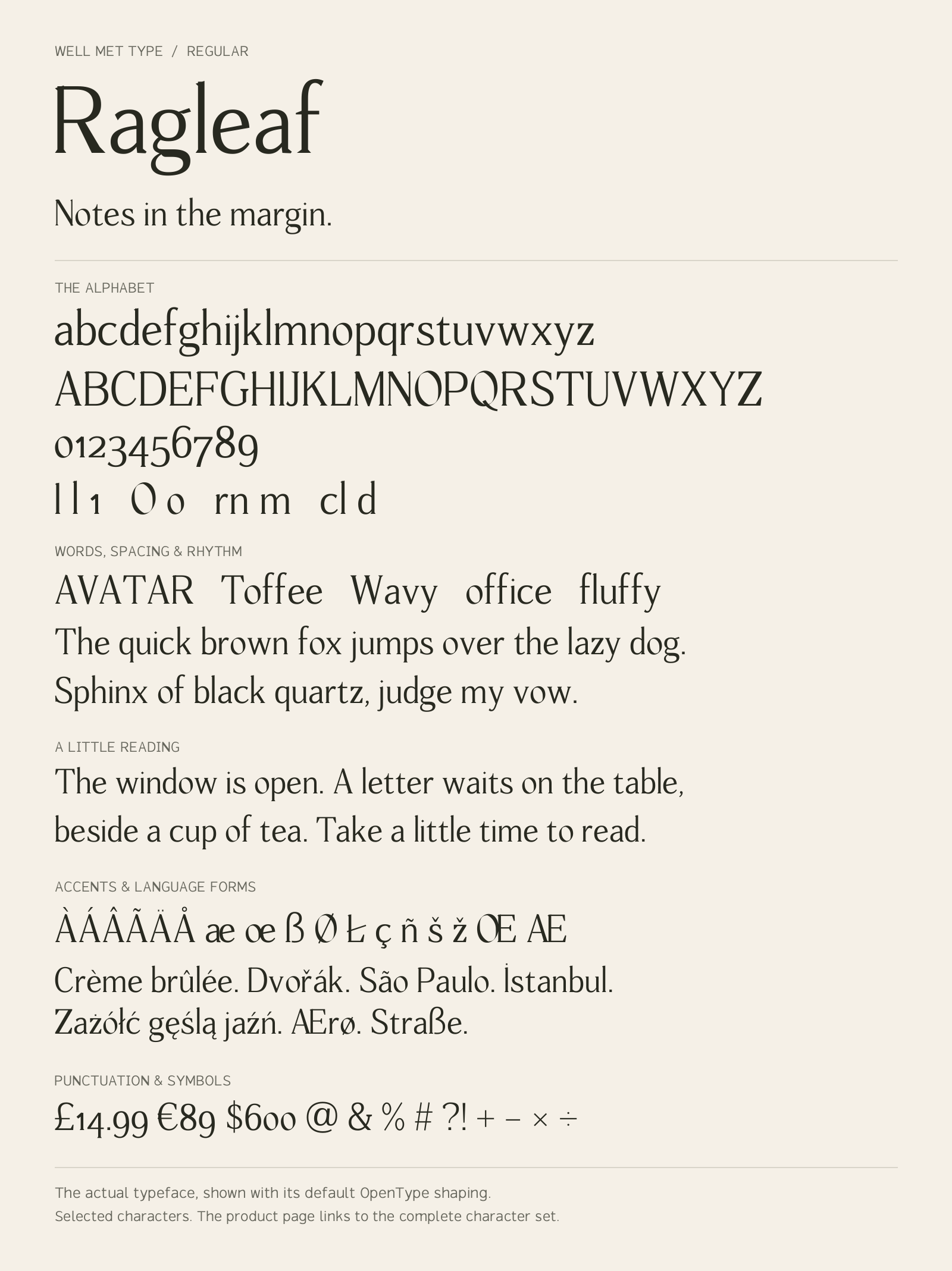 Ragleaf Regular alphabet sheet: uppercase, lowercase, numbers, sample words, accents and symbols.