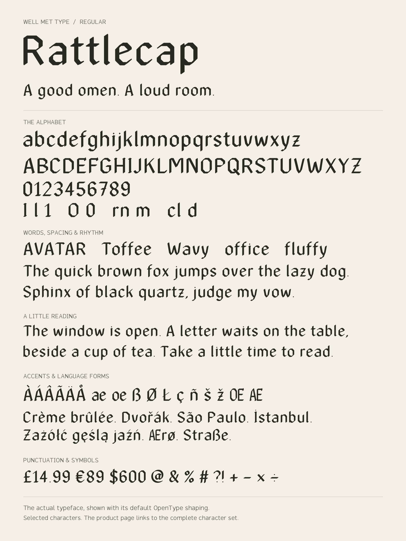 Rattlecap Regular alphabet sheet: uppercase, lowercase, numbers, sample words, accents and symbols.