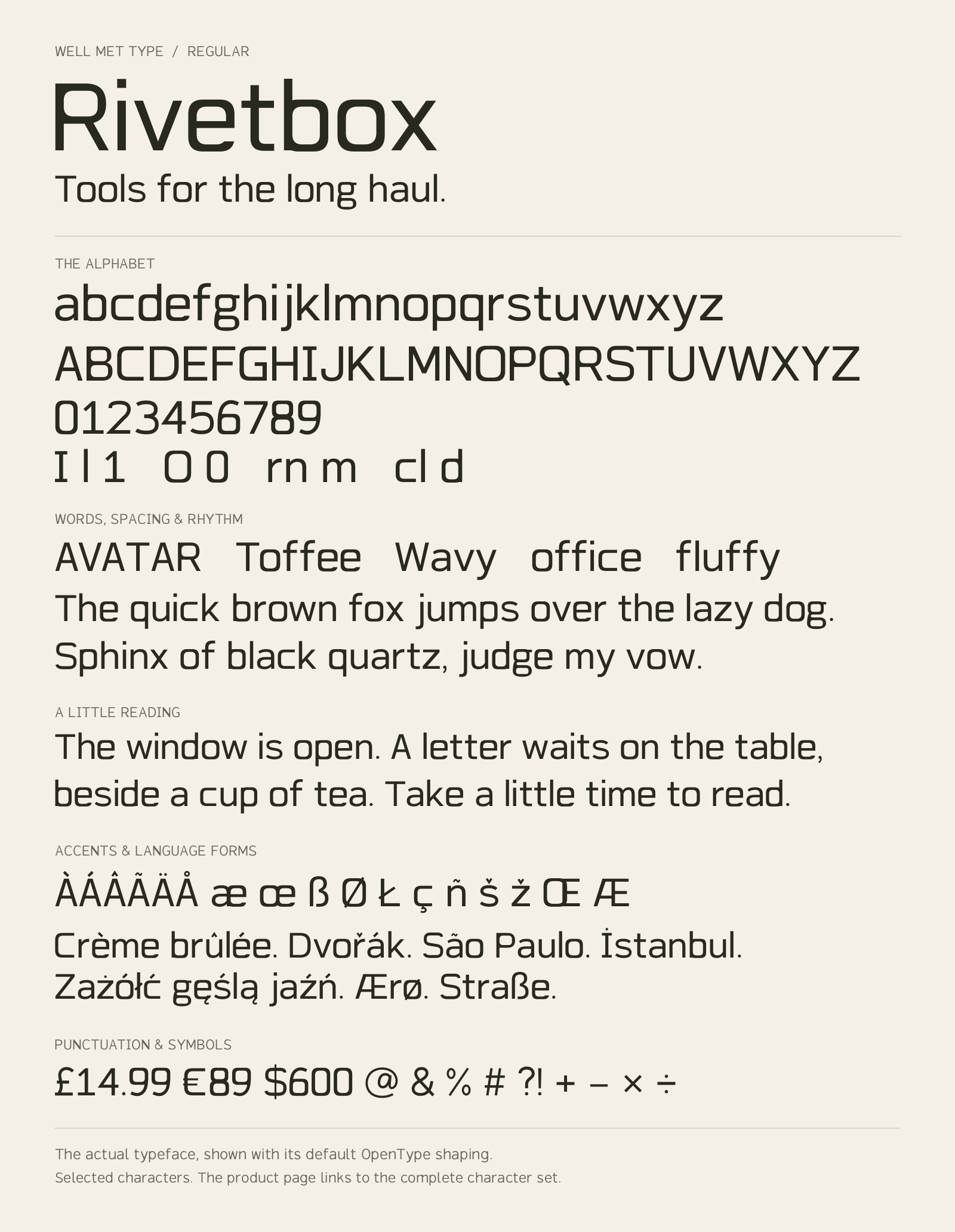 Rivetbox Regular alphabet sheet: uppercase, lowercase, numbers, sample words, accents and symbols.