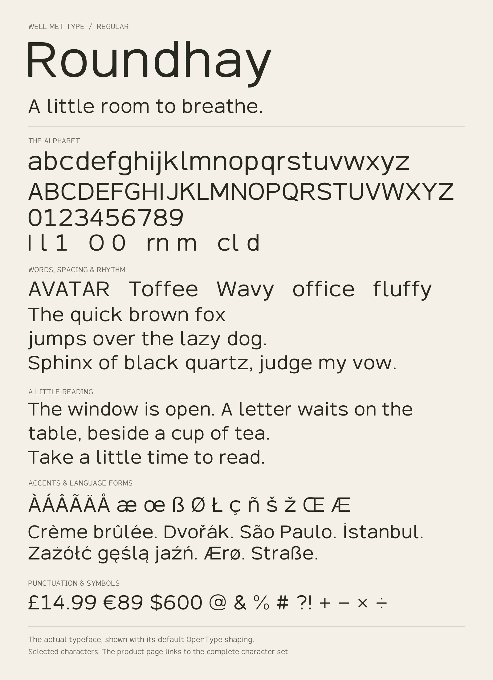 Roundhay Regular alphabet sheet: uppercase, lowercase, numbers, sample words, accents and symbols.