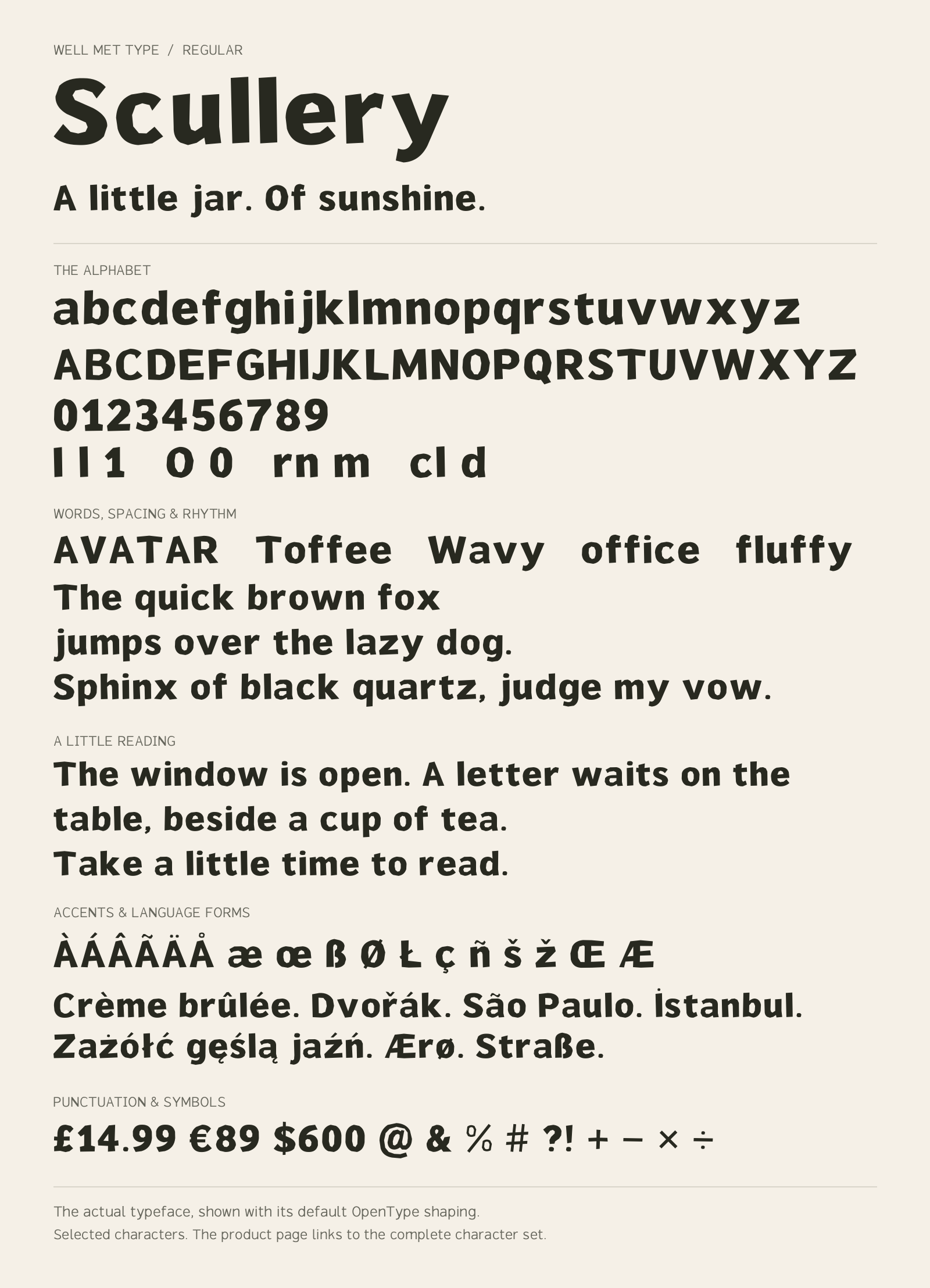 Scullery Regular alphabet sheet: uppercase, lowercase, numbers, sample words, accents and symbols.