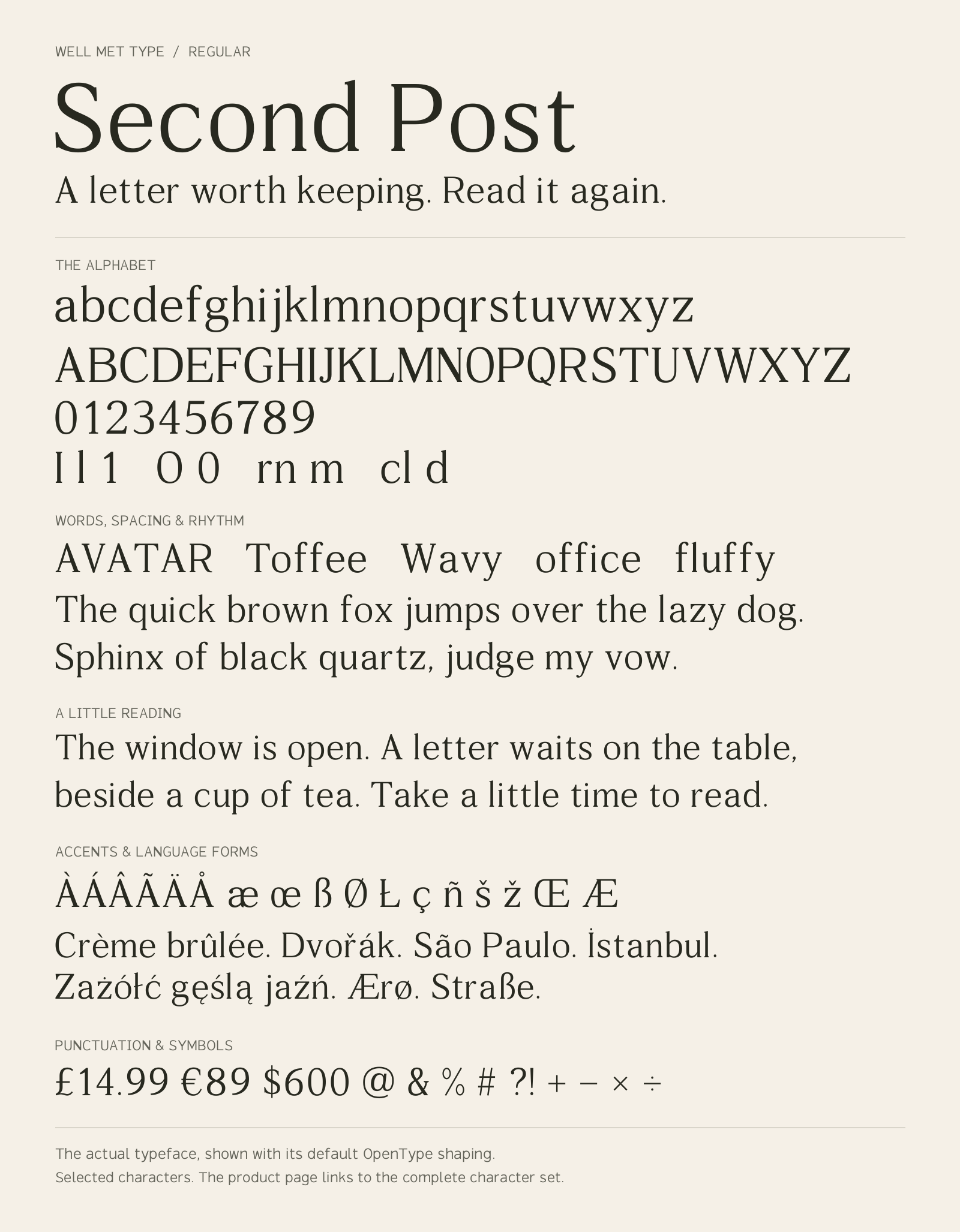 Second Post Regular alphabet sheet: uppercase, lowercase, numbers, sample words, accents and symbols.