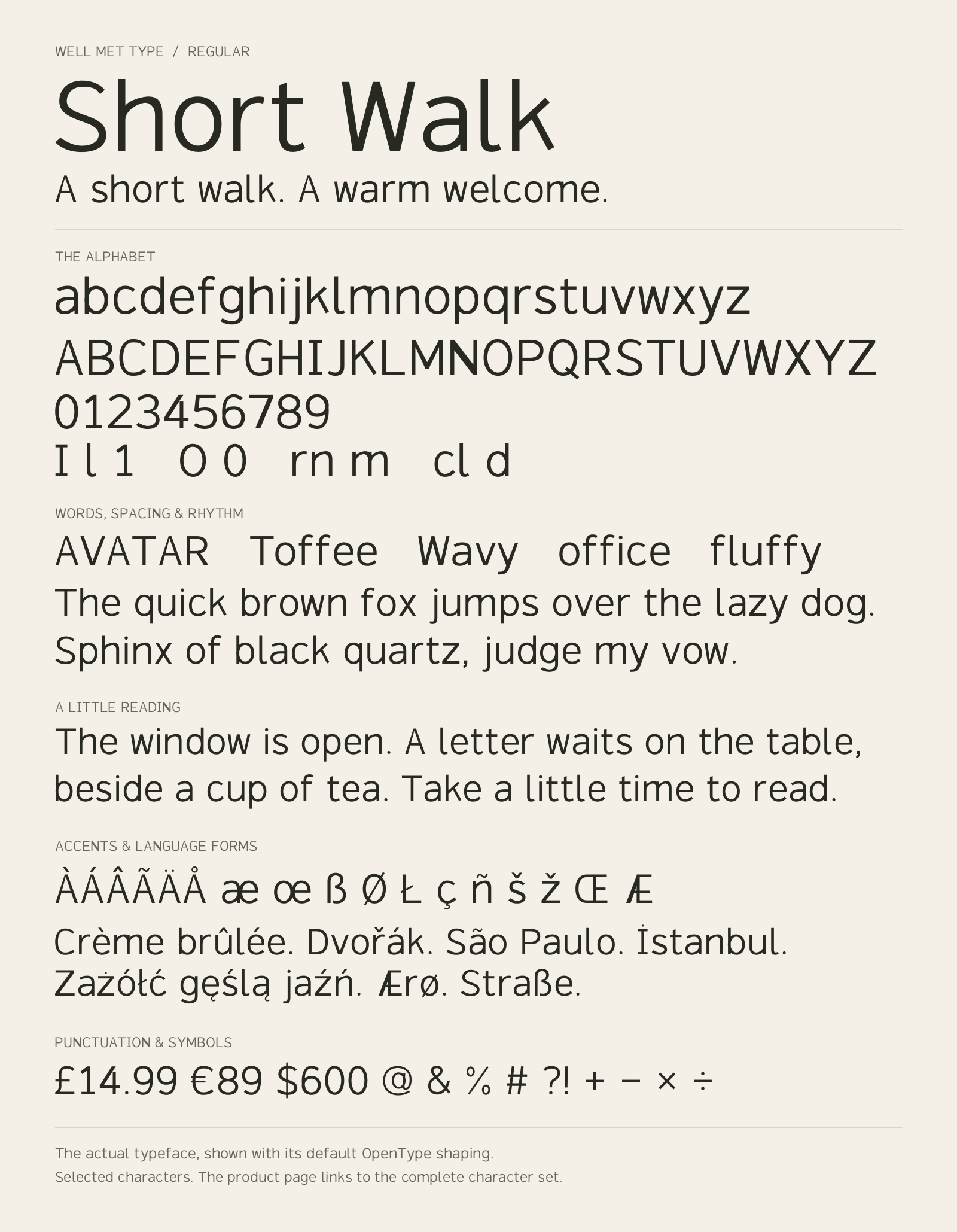 Short Walk Regular alphabet sheet: uppercase, lowercase, numbers, sample words, accents and symbols.