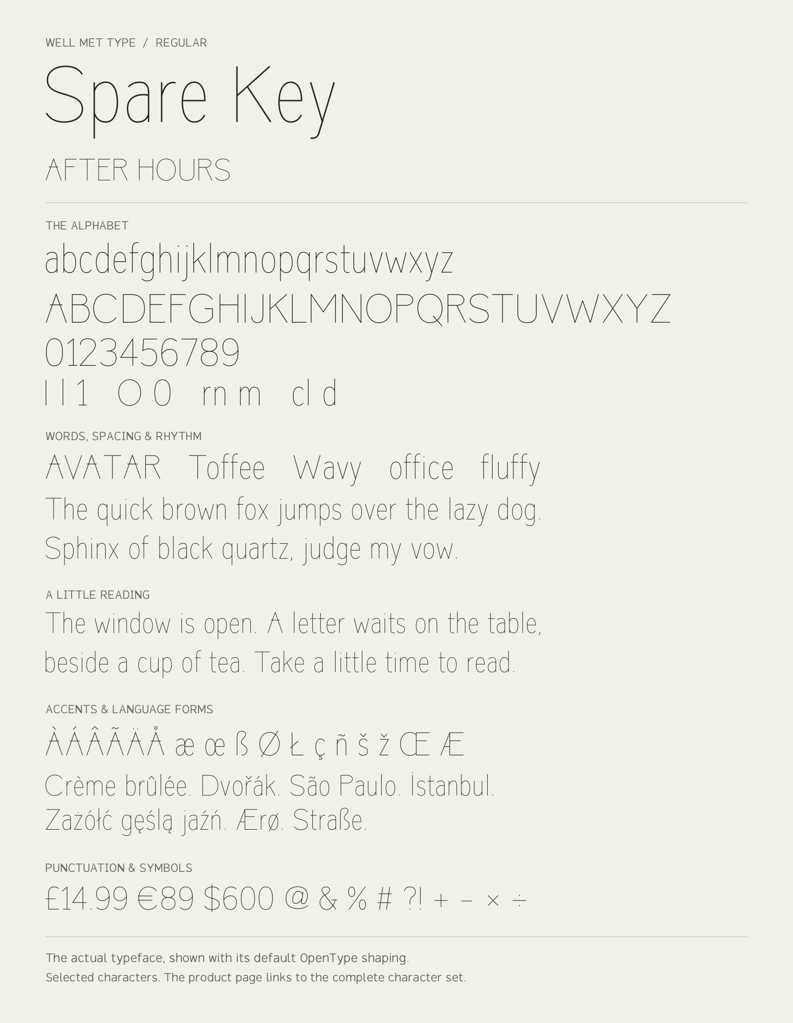 Spare Key Regular alphabet sheet: uppercase, lowercase, numbers, sample words, accents and symbols.