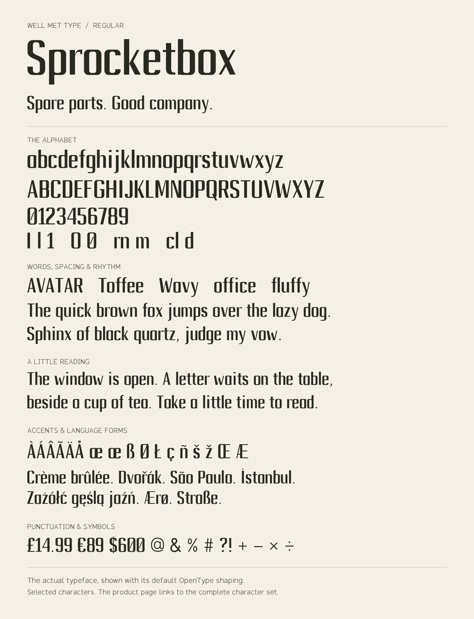 Sprocketbox Regular alphabet sheet: uppercase, lowercase, numbers, sample words, accents and symbols.