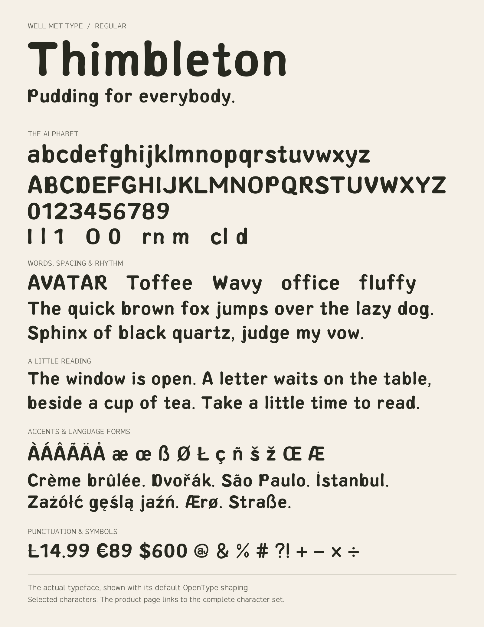 Thimbleton Regular alphabet sheet: uppercase, lowercase, numbers, sample words, accents and symbols.