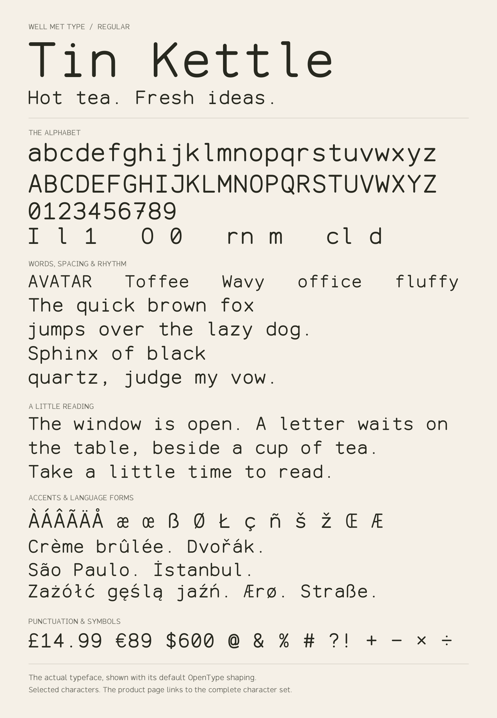 Tin Kettle Regular alphabet sheet: uppercase, lowercase, numbers, sample words, accents and symbols.
