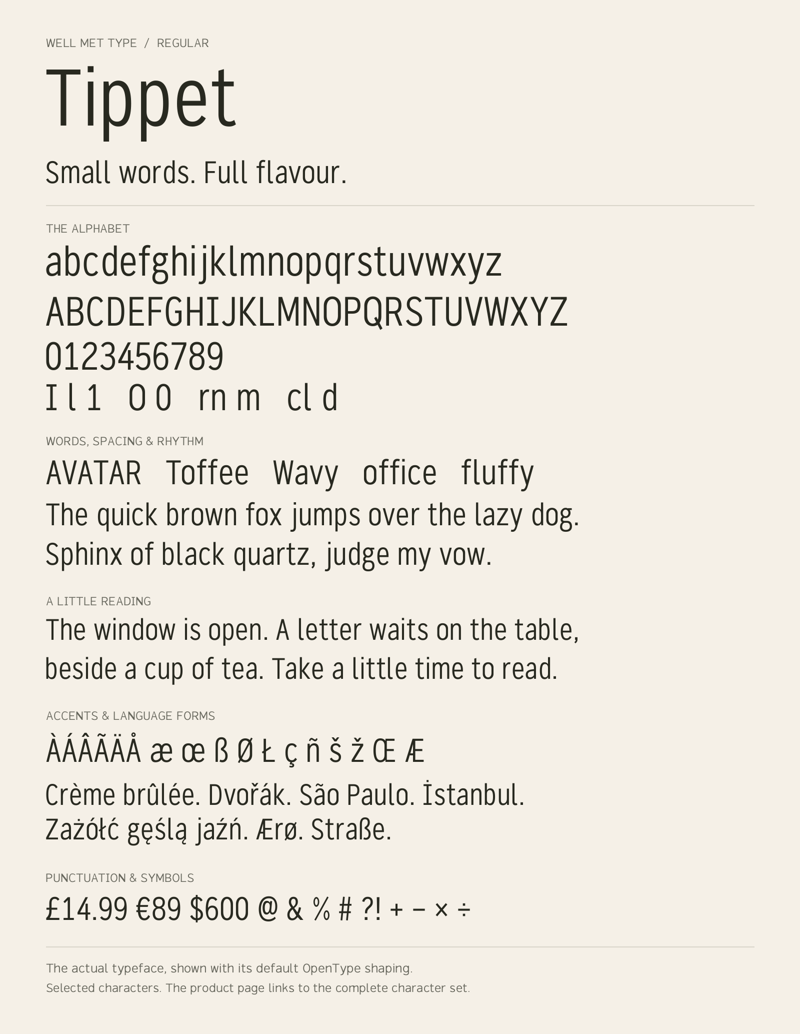 Tippet Regular alphabet sheet: uppercase, lowercase, numbers, sample words, accents and symbols.