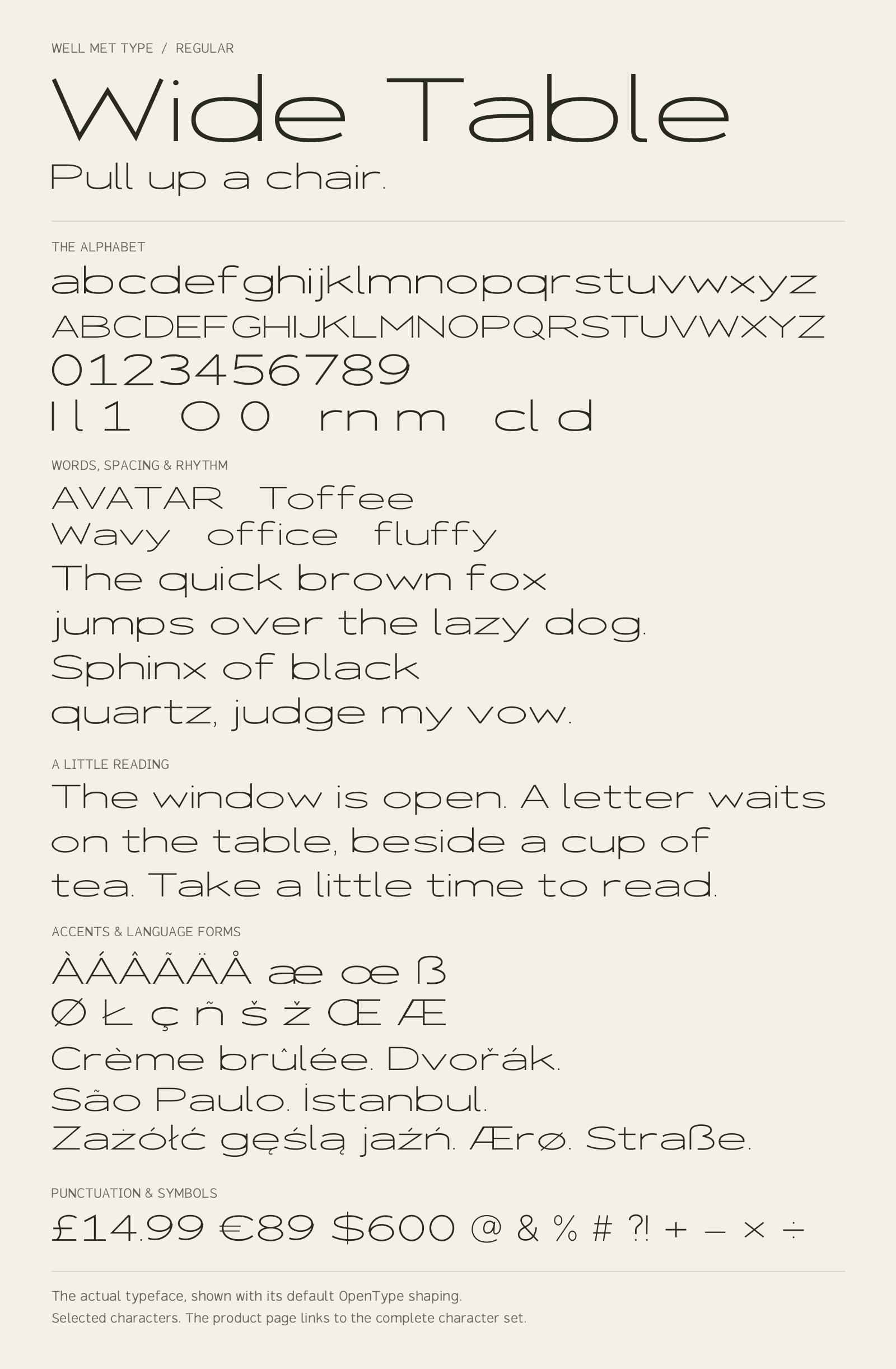 Wide Table Regular alphabet sheet: uppercase, lowercase, numbers, sample words, accents and symbols.